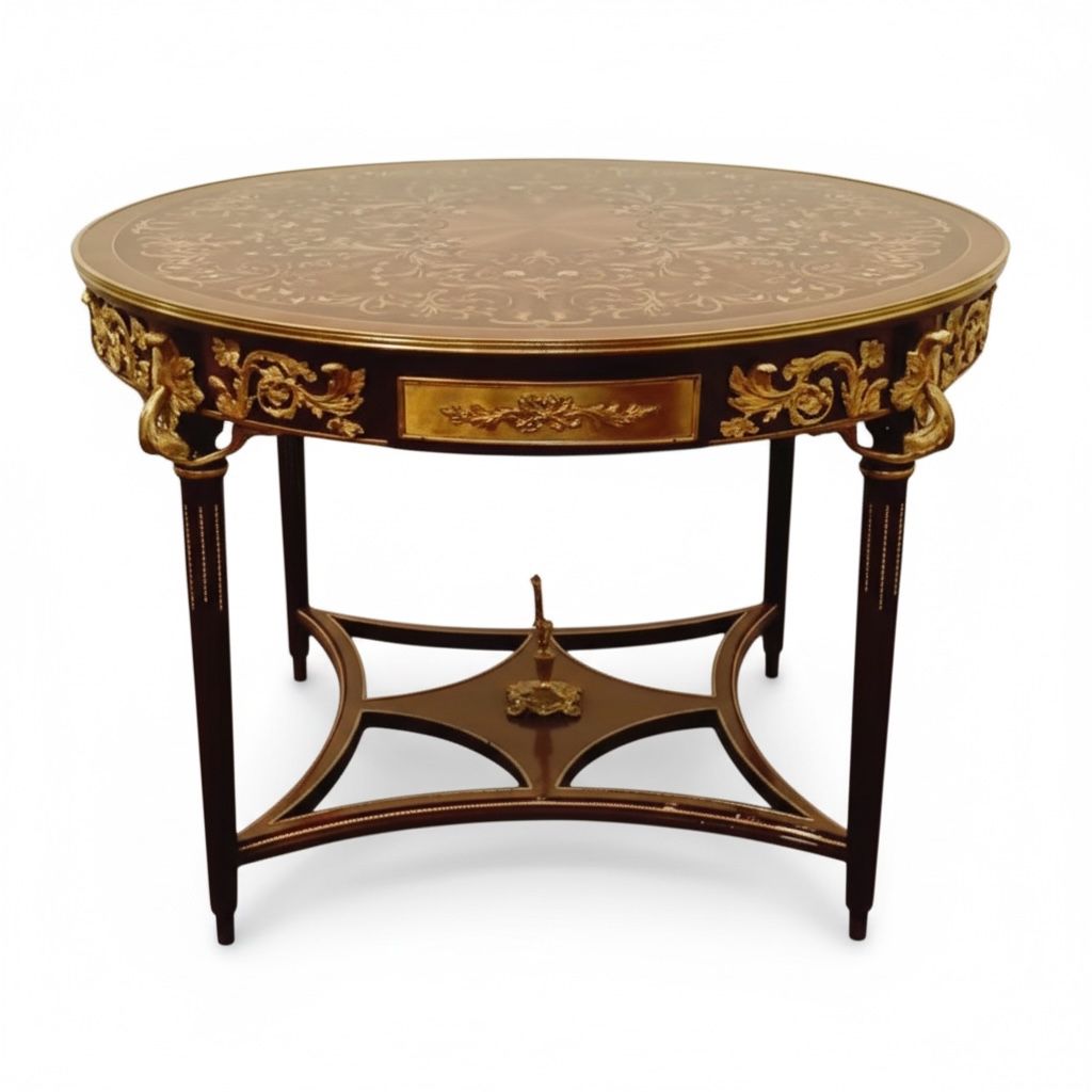 ترابيزة مدخل أنتيك دائرية ماركتريه بتطعيمات نحاس