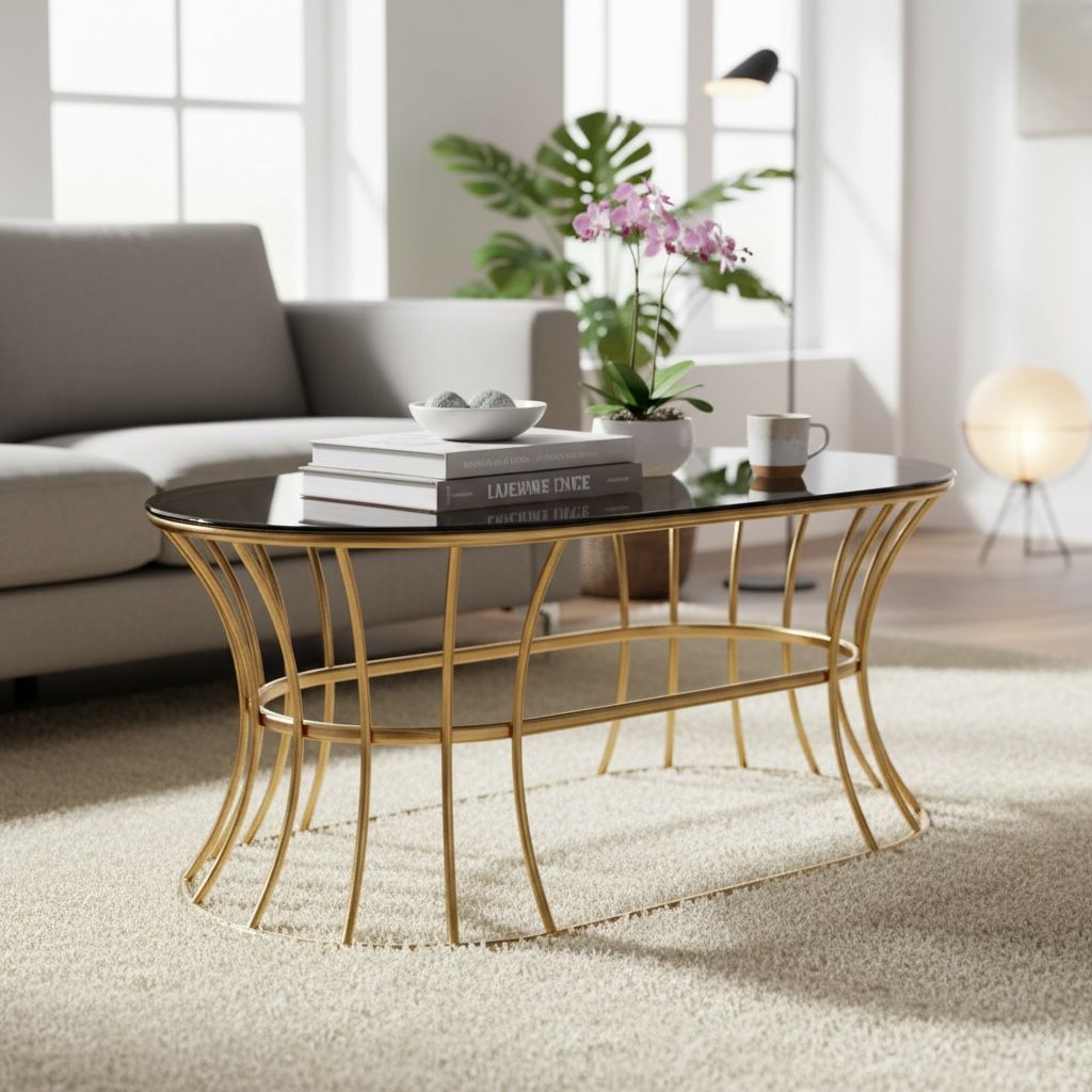 ترابيزة قهوة معدنية بسطح زجاجي – تصميم بيضاوي فاخر