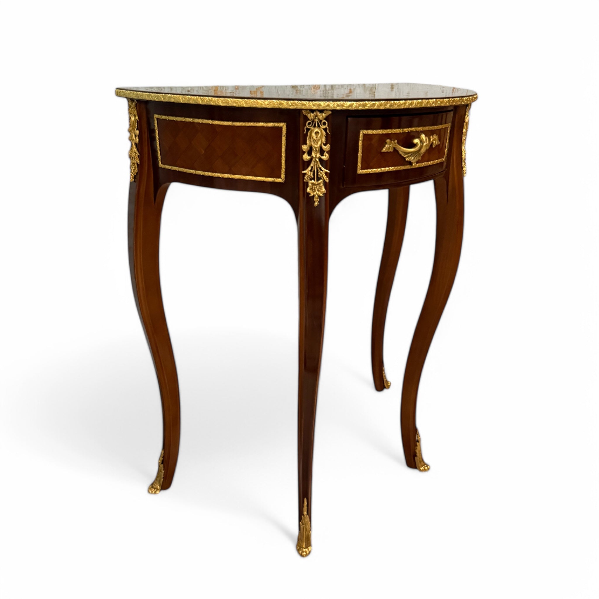Classic semicircular table with marquetry and golden brass inlay