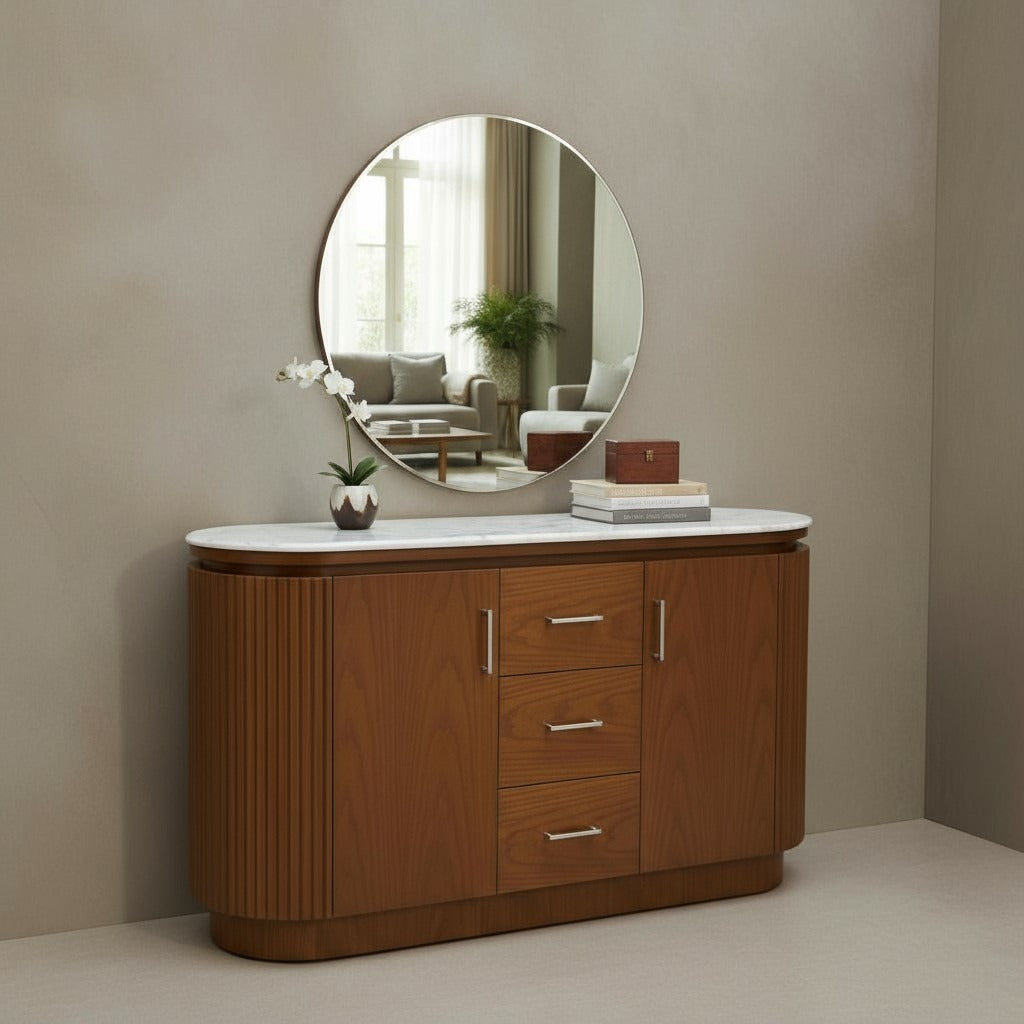 بوفيه مودرن بسطح رخام أنيق ومراية دائرية