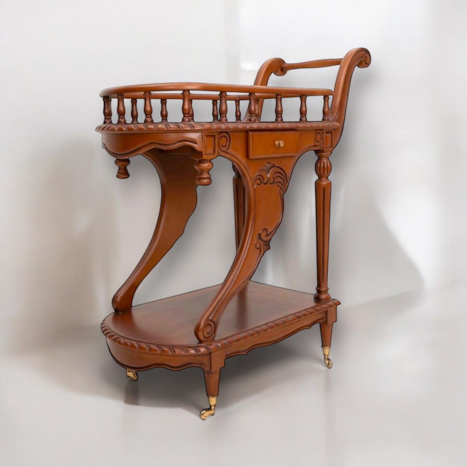 تروللي شاي كلاسيك بني – تصميم فاخر بدورين ودرج تخزين - قطعة أنيقة تجمع بين العملية والفخامة. تروللي شاي بتصميم كلاسيك مميز من خشب الزان الطبيعي مع قشرة فاخرة، بلون بني دافئ وتفاصيل منحوتة تضيف لمسة من الرقي. مزود بدرج عملي لتخزين الأدوات الصغيرة، مع دورين لعرض وتقديم المشروبات، وعجل ذهبي في الأرجل لسهولة الحركة. مثالي للمجالس الكلاسيكية أو ركن الضيافة، ويضيف لمسة تراثية أنيقة لأي مساحة. الخامةخشب زان طبيعي – قشرة طبيعية – عجل معدني ذهبي – دهان استر بني المقاساتالعرض 95 سم × العمق 45 سم × الارتفاع 85 سم