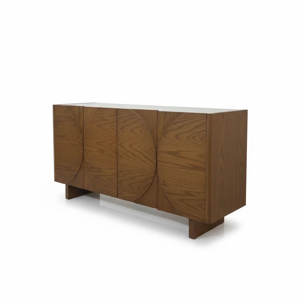 بوفيه مودرن خشب طبيعي مع مرآة دائرية