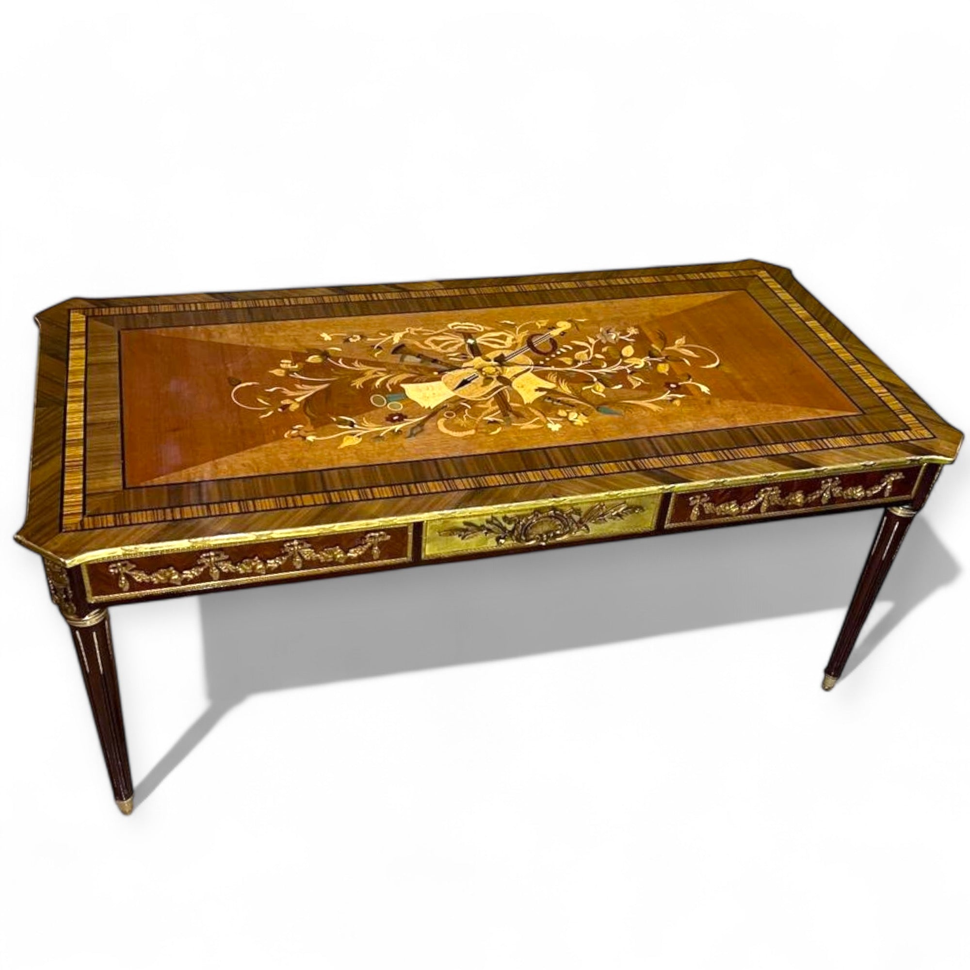 French style table set - marquetry and hand-crafted brass with antique details