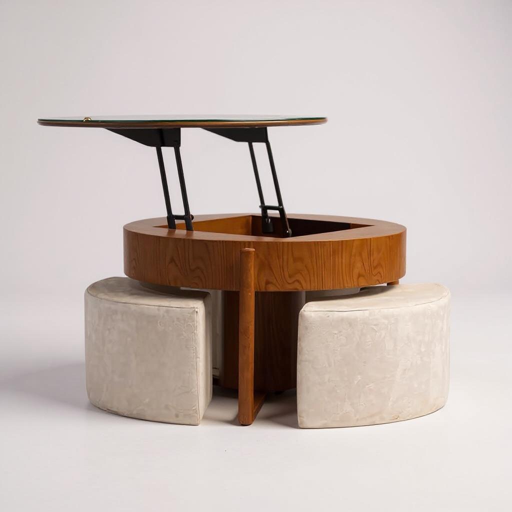 ترابيزة دائرية برافعة مع ٣ بف تنجيد – خشب زان أحمر