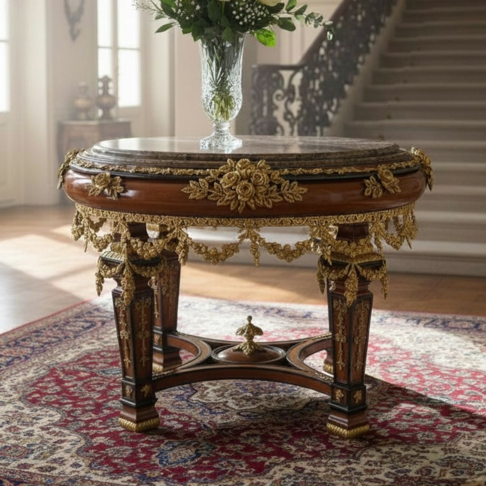 ترابيزة وسط كلاسيك فاخرة مطعمة بالنحاس بتفاصيل غنية وحفر أنتيك