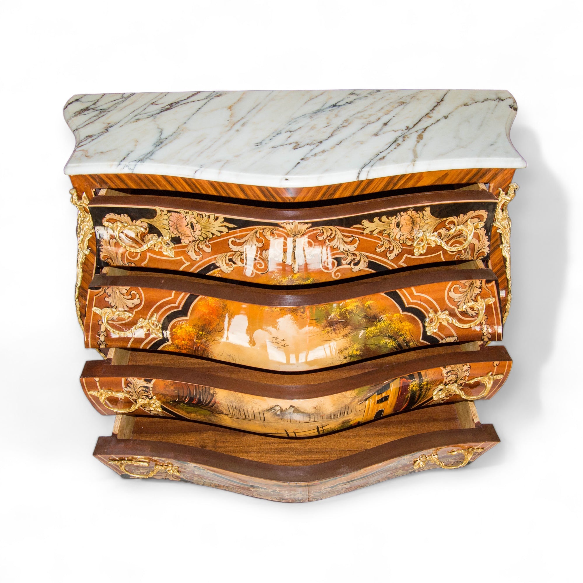 بايوه مطعم بالنحاس والرسم مقاس 110 سنتميتر - بايوه اربعة درج مصنع من الاخشاب و القشرة الطبيعية مطعمة بالنحاس والرسم اليدوي و القرصة رخام المقاسات: W 110 CM * H 90 CM * B 50 CM