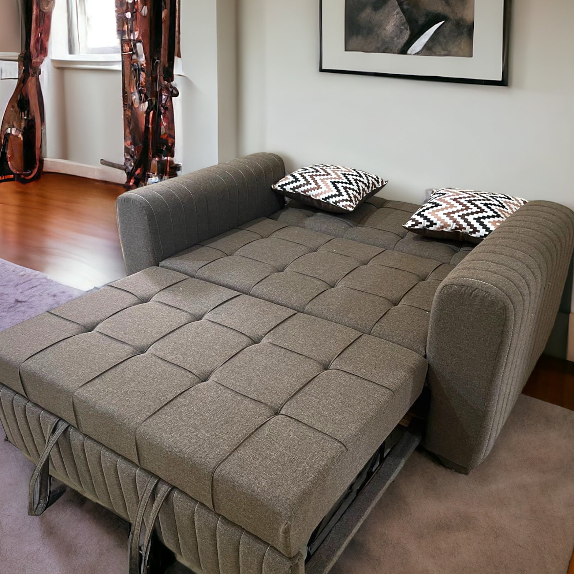 كنبة سرير قماش كتان - كنبة سرير وسحارة من خشب الزان الروماني والقماش كتان وميكانيزم عالي الجودة لاضافة مزيد من الراحة والاسفنج المستخدم فوم هاوس كثافة 38 متاح عمل اي لون للقماش المقاسات : W 150 CM * B 85 CM