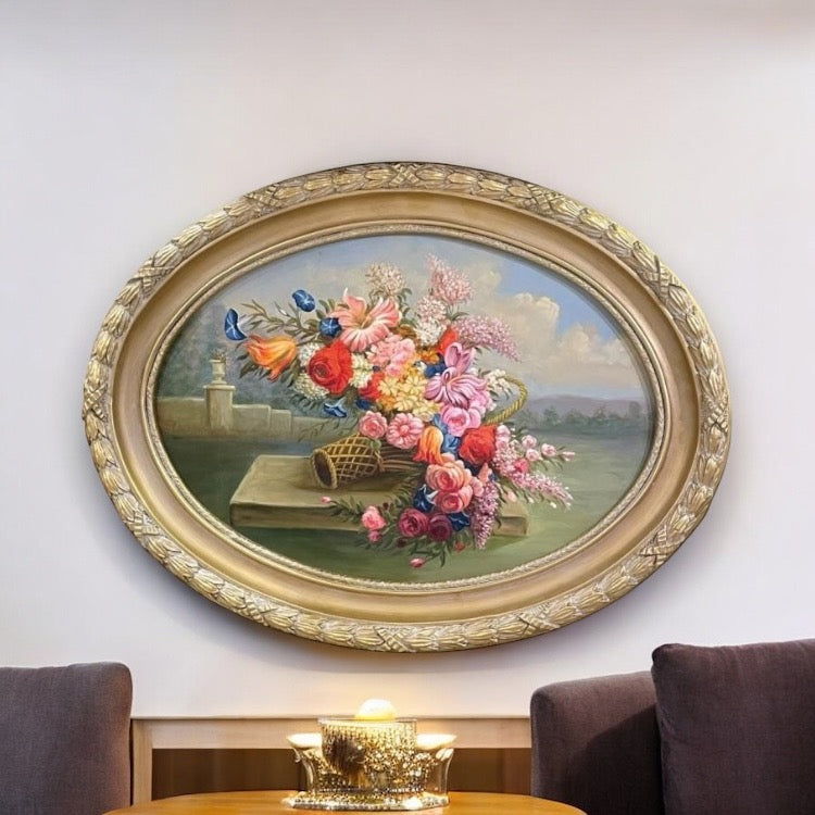 برواز بيضاوي دهبي مع لوحة زيتية - برواز بيضاوي فريم خشبي و الاويمة جي ار بي واللوحة رسم زيت لون نحاسي في دهبي المقاسات: W 110 CM * H 80 CM