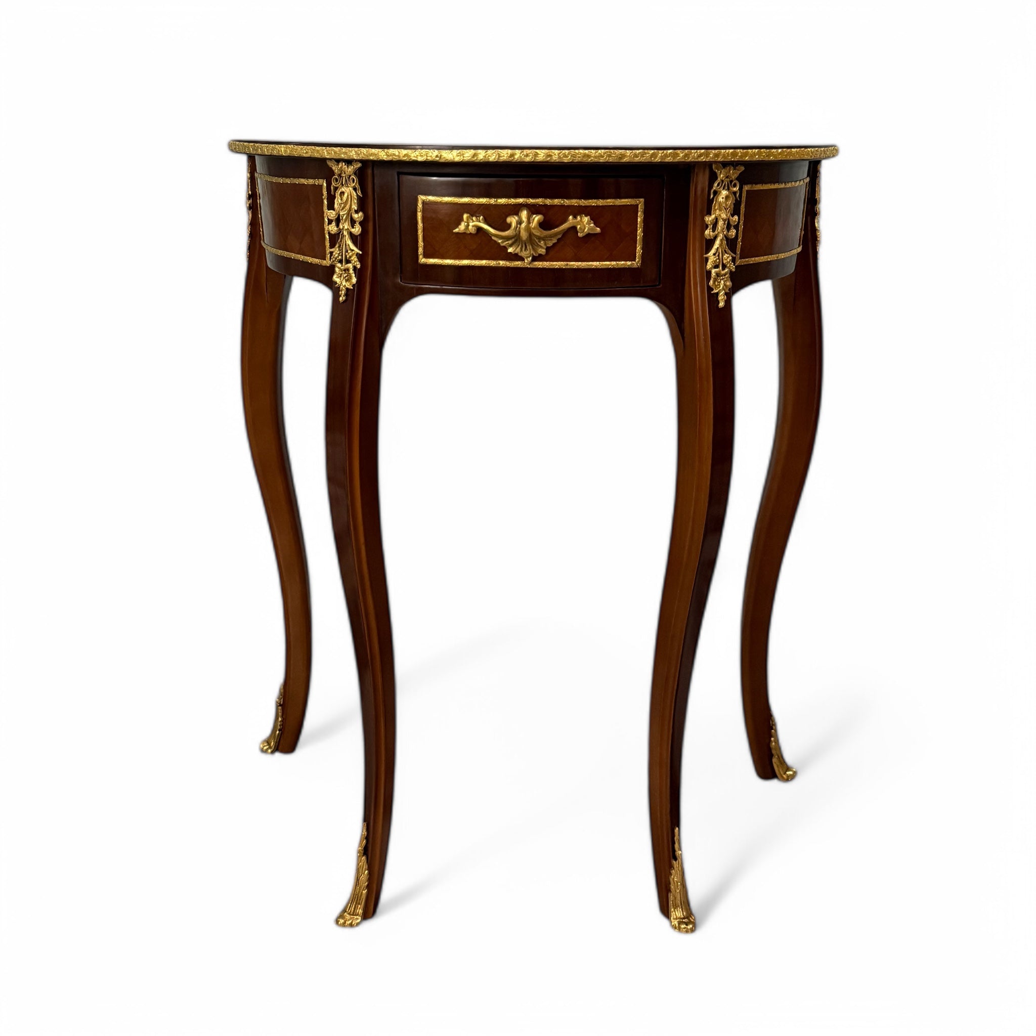 Classic semicircular table with marquetry and golden brass inlay