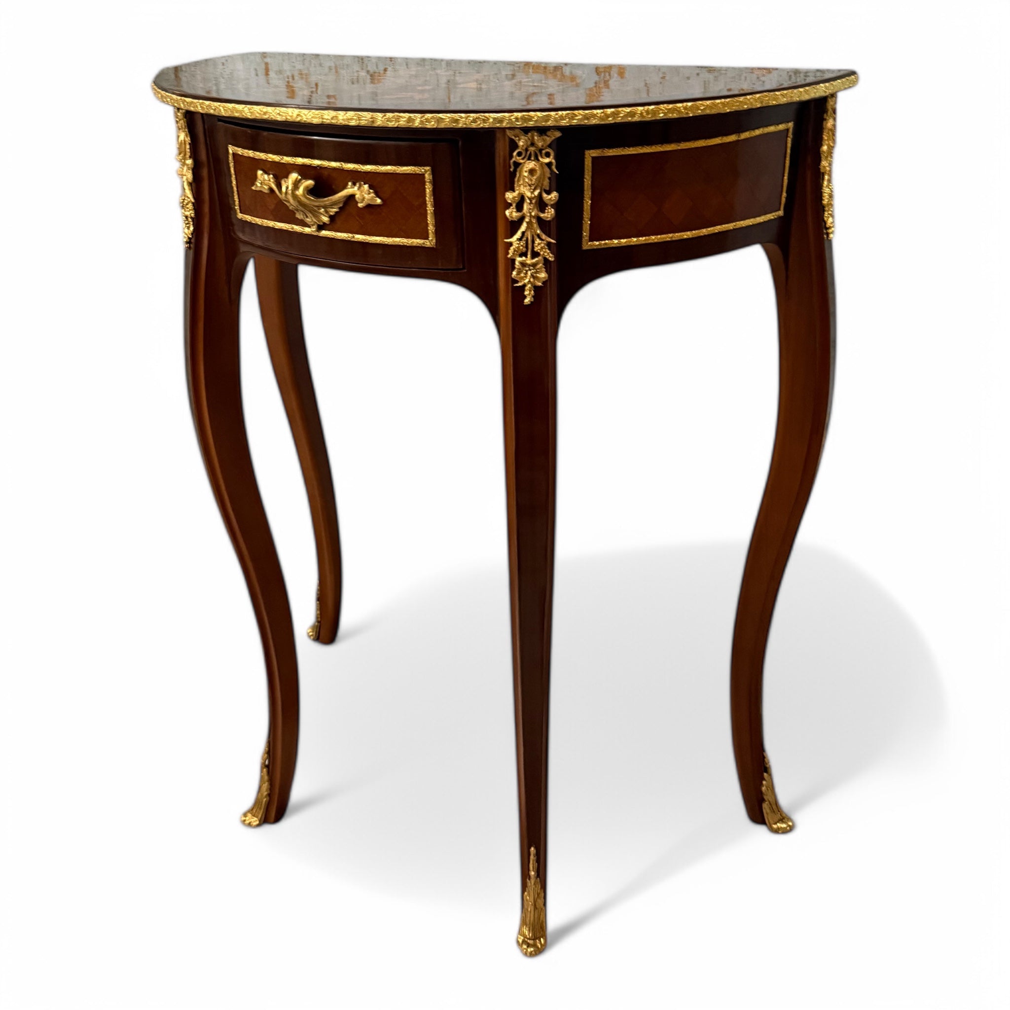 Classic semicircular table with marquetry and golden brass inlay