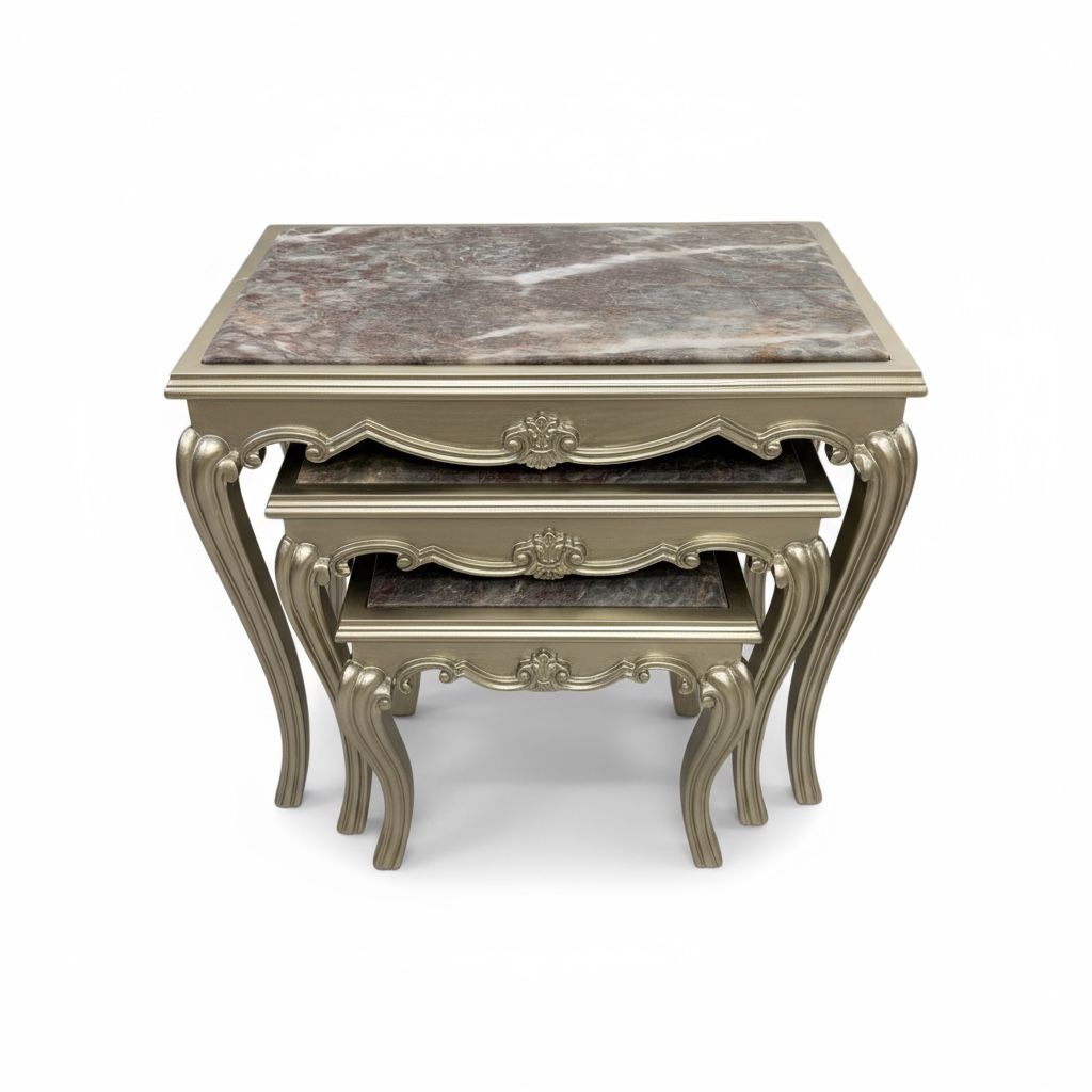 طقم ترابيزات أنتيك من خشب الزان والرخام الطبيعي – تشطيب شامبين فضي فاخر