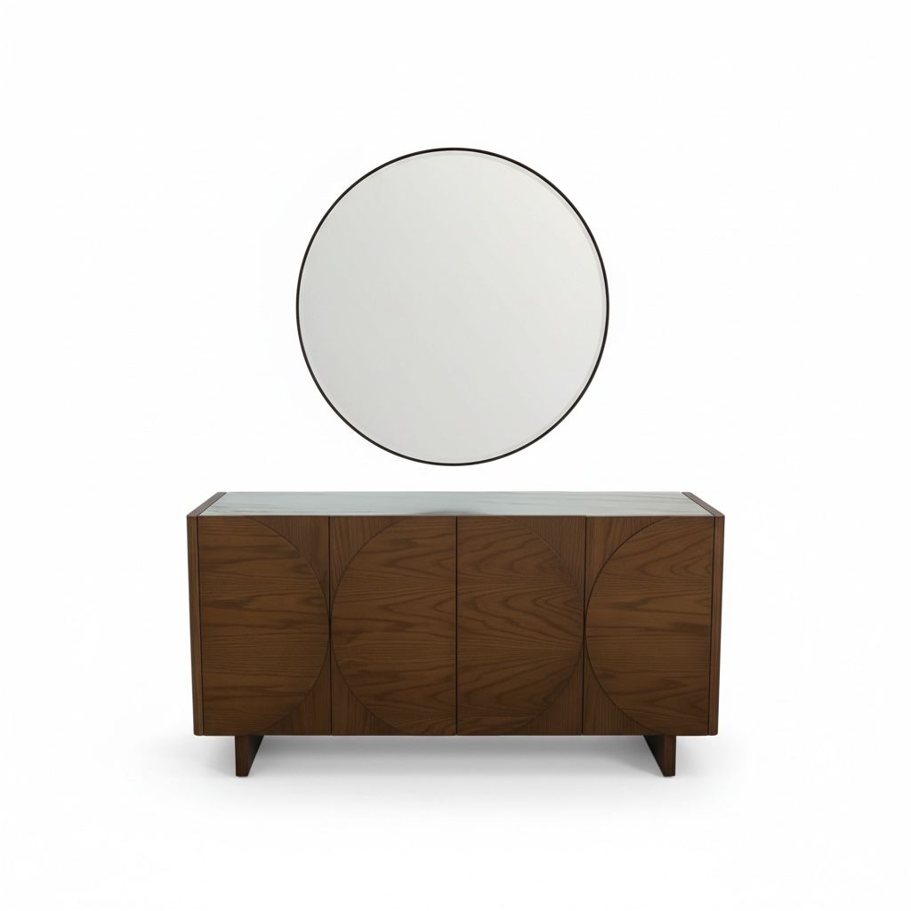 بوفيه مودرن خشب طبيعي مع مرآة دائرية