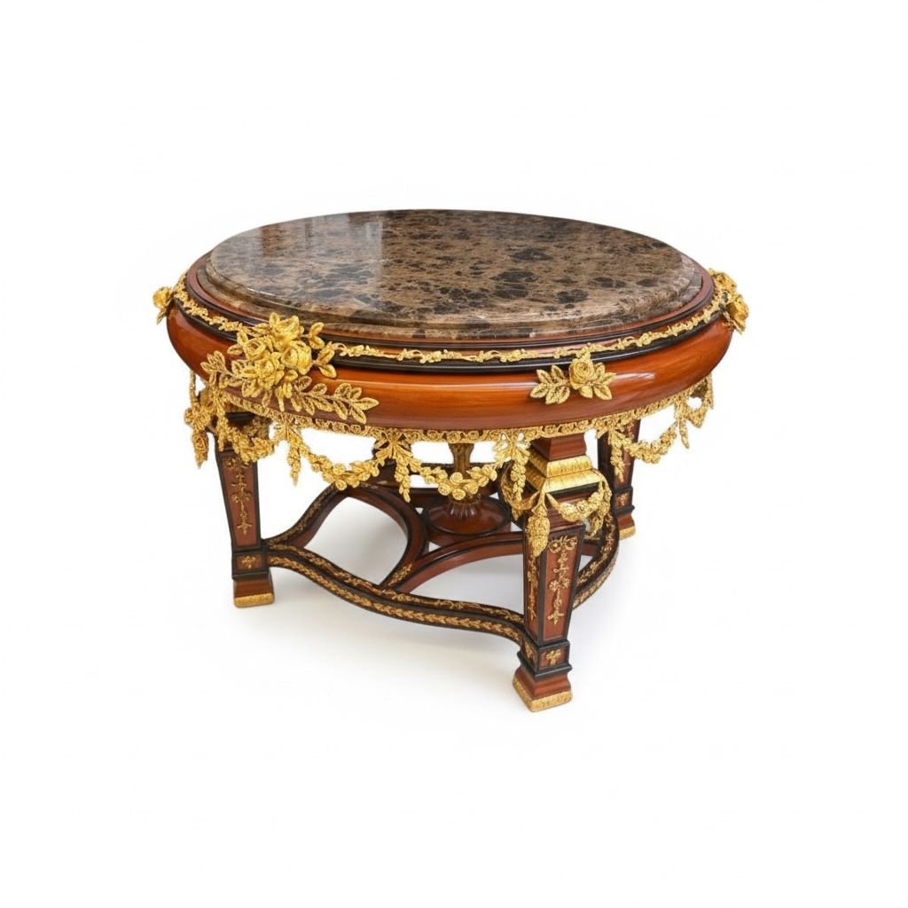 ترابيزة وسط كلاسيك فاخرة مطعمة بالنحاس بتفاصيل غنية وحفر أنتيك