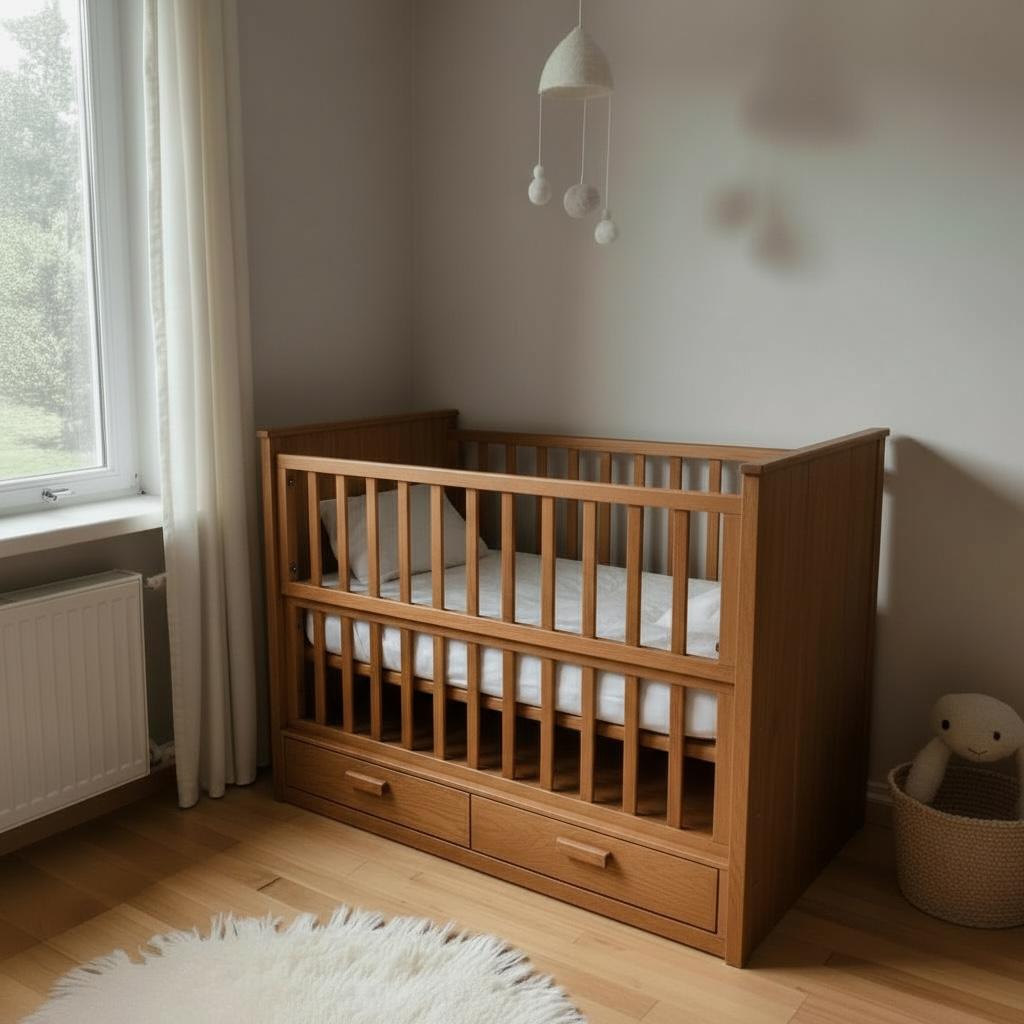 سرير أطفال خشبي بني بوحدة تخزين سفلية