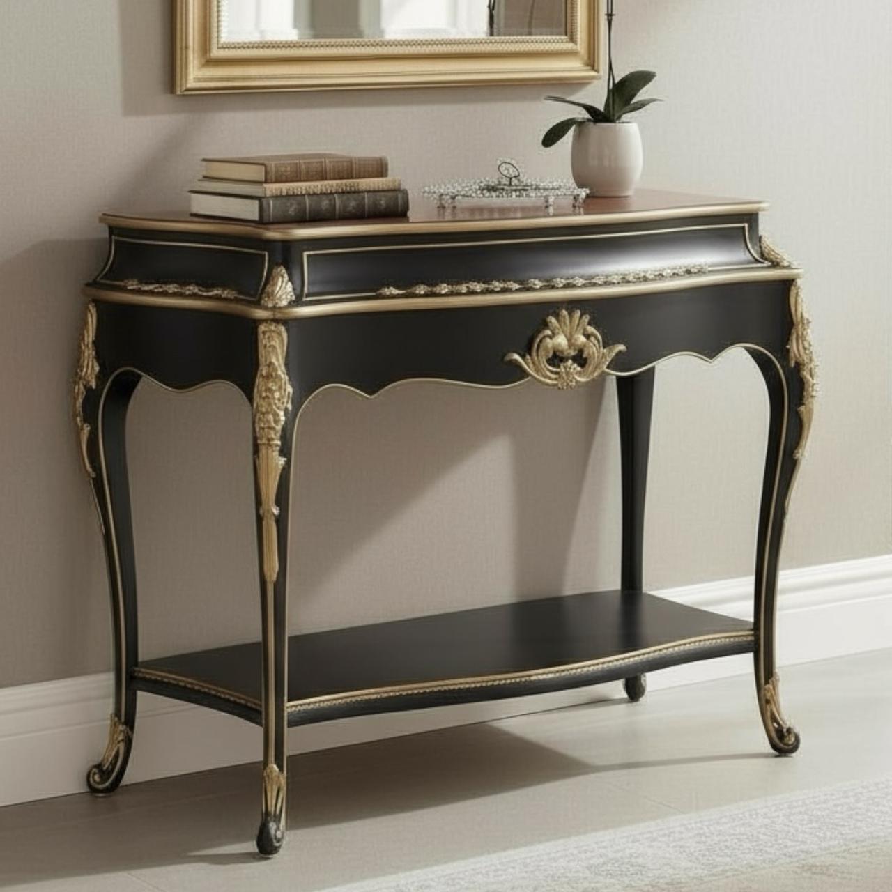 كونسول مدخل خشب زان برخام إمبرادور وتطعيم نحاس مشغول يدويًا