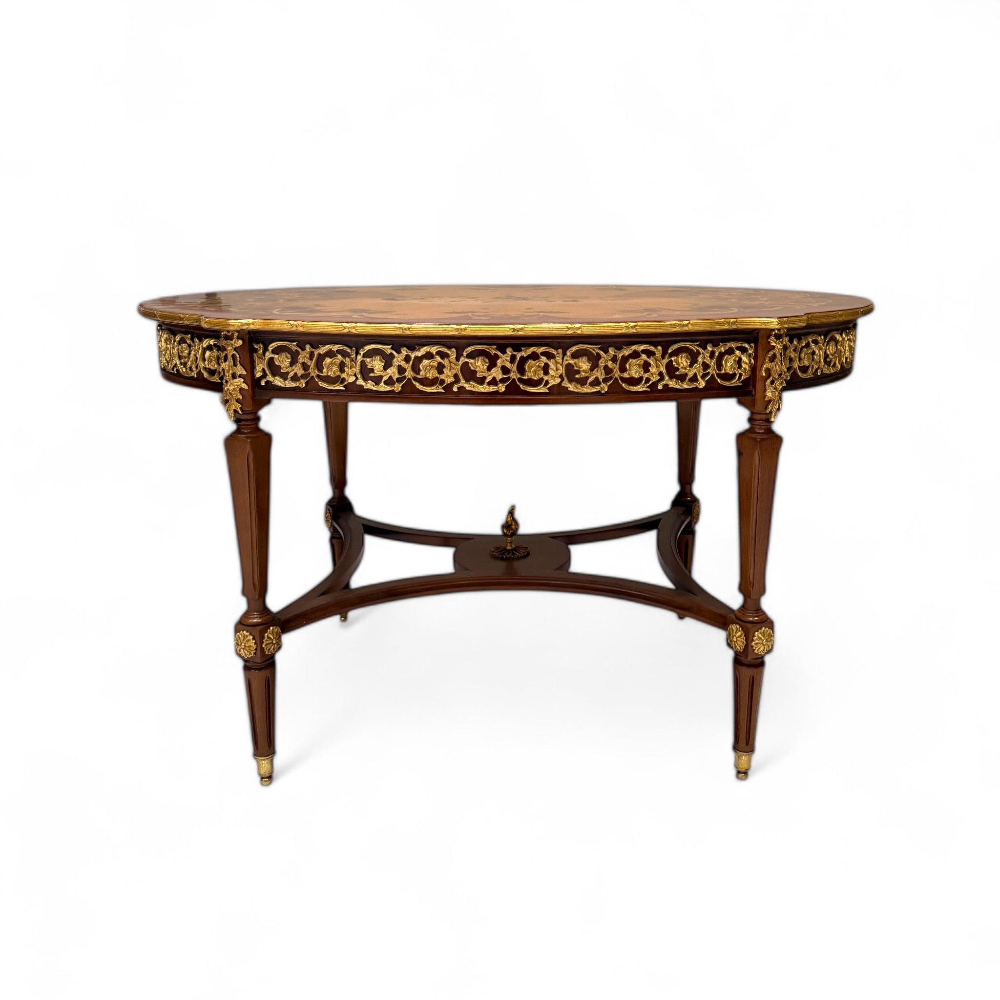 French Style Table Set - 3 Pieces Antique with Marquetry and Brass Inlay