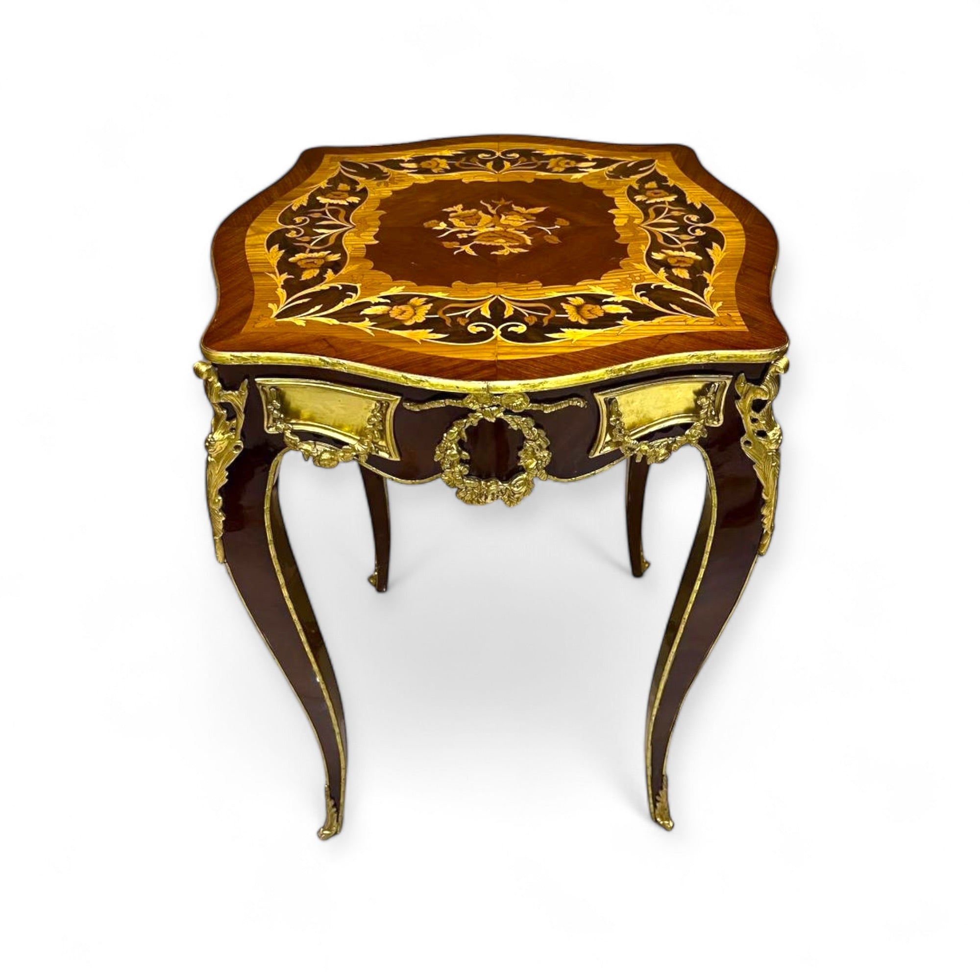 French style table set - marquetry and luxurious hand-carved brass