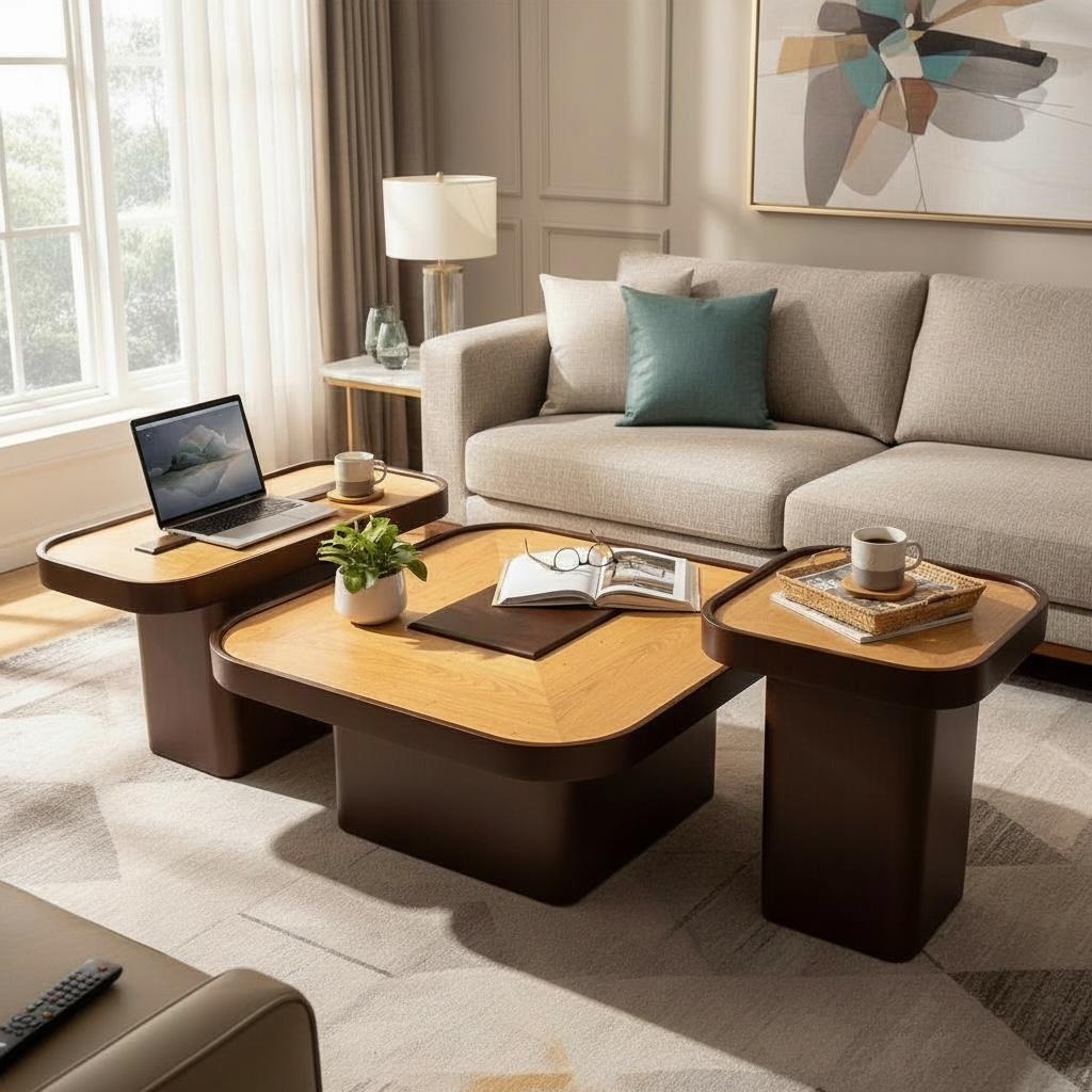 طقم ترابيزات مودرن ٣ قطع بتصميم خشابي وإطار أبيض