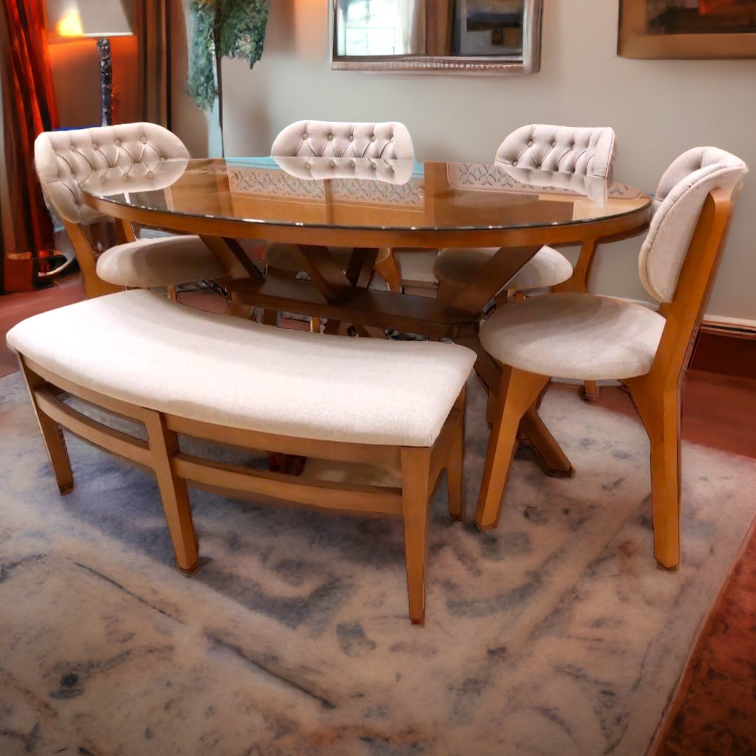 ترابيزة سفرة بانكت وكراسي - سفرة مصنعة من الخشب الزان الطبيعي والقشرة الافريقي مكونة من ترابيزة و بانكت و اربعة كراسي المقاسات: W 170 CM * B 80 CM * H 80 CM