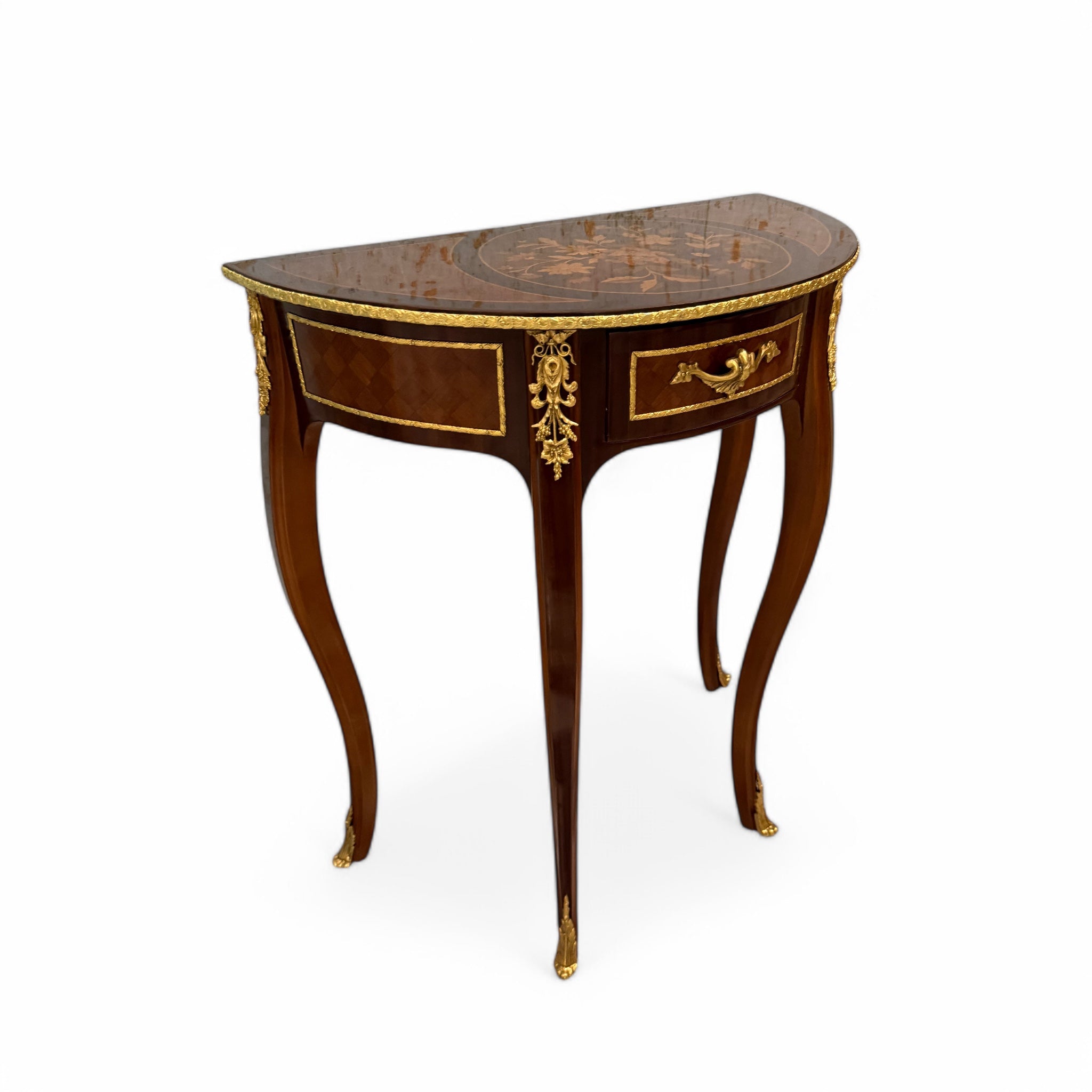 Classic semicircular table with marquetry and golden brass inlay