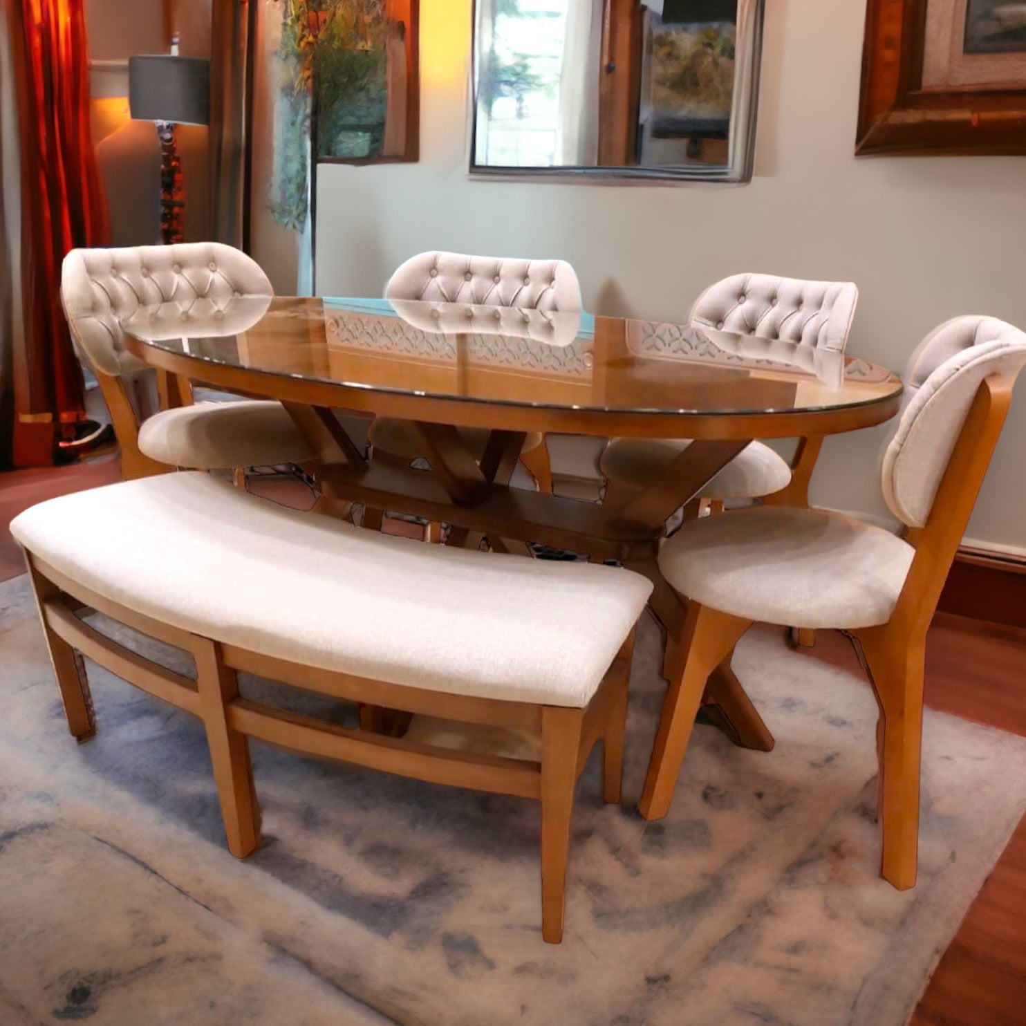 ترابيزة سفرة بانكت وكراسي - سفرة مصنعة من الخشب الزان الطبيعي والقشرة الافريقي مكونة من ترابيزة و بانكت و اربعة كراسي المقاسات: W 170 CM * B 80 CM * H 80 CM