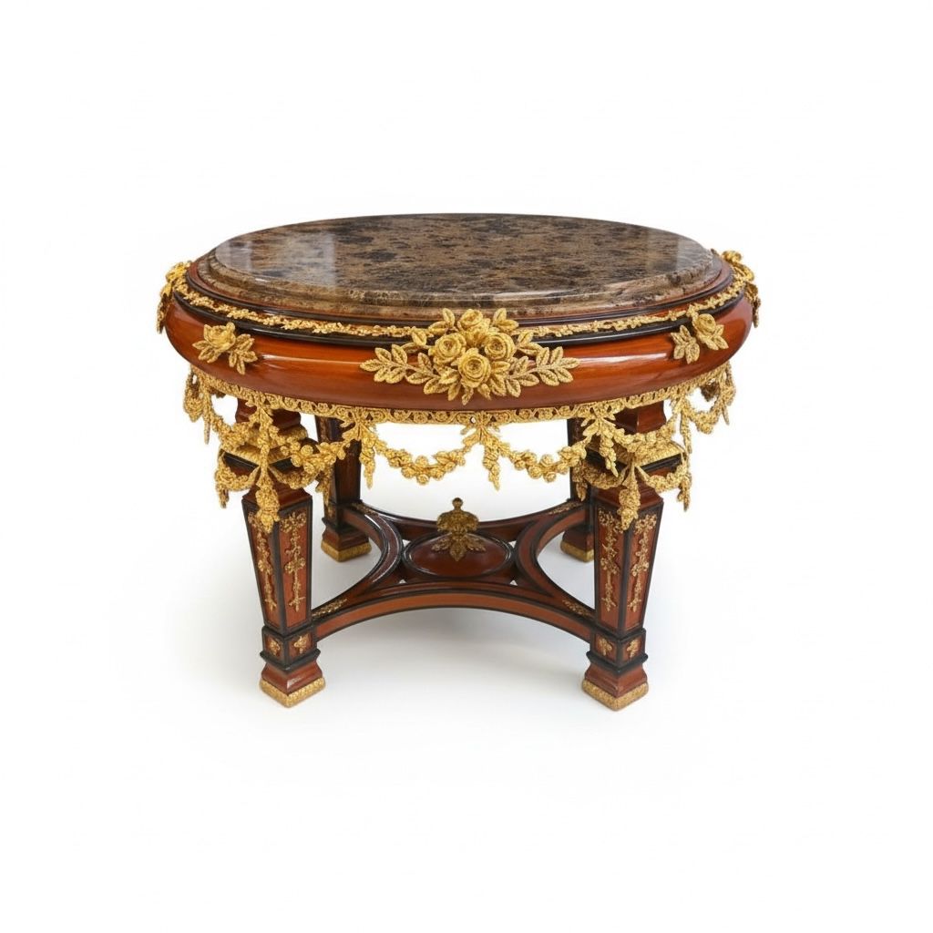 Luxury entrance table inlaid with hand-carved brass and Emperador marble