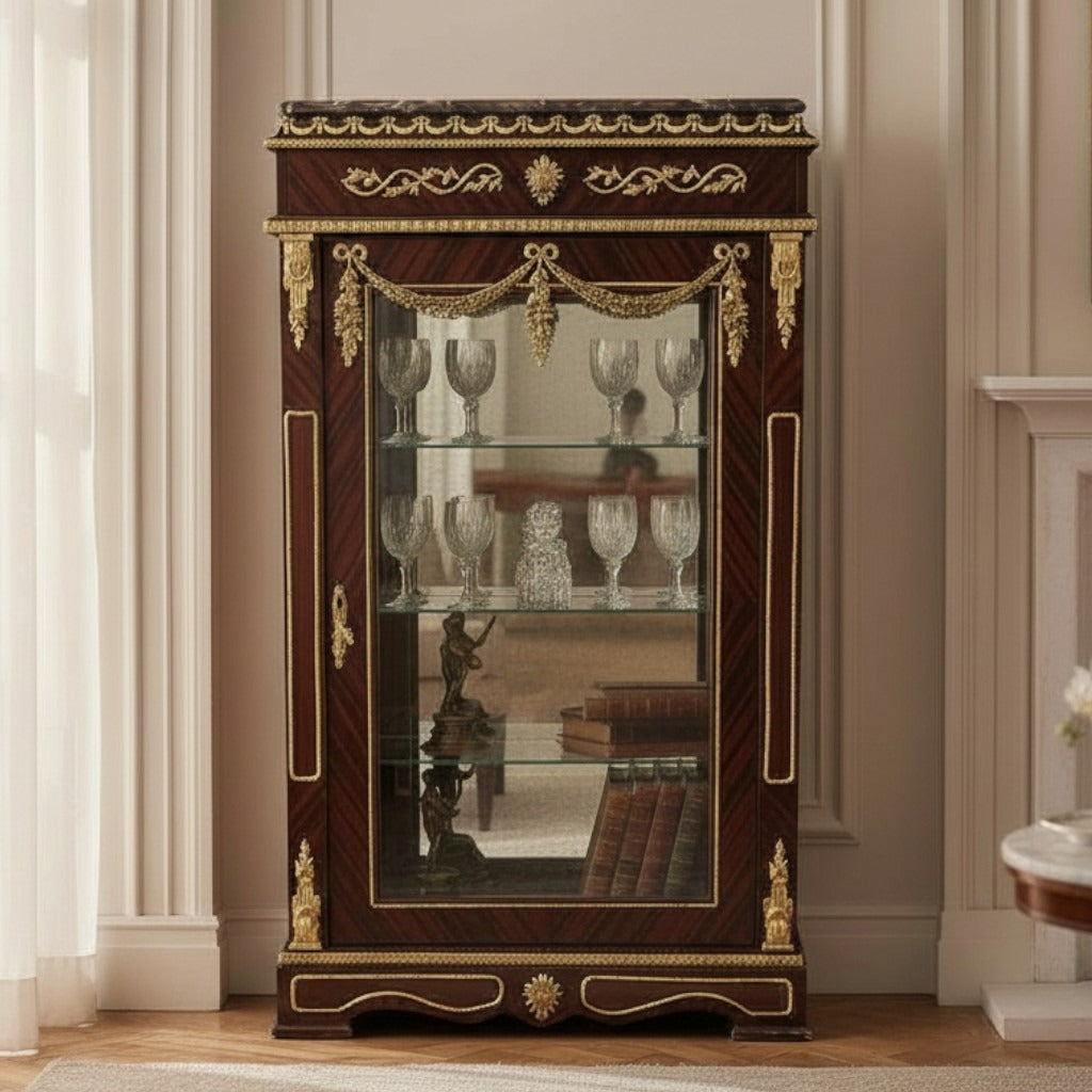 فاترينة أنتيك مستطيلة مطعمة بالنحاس والرخام الإمبرادور