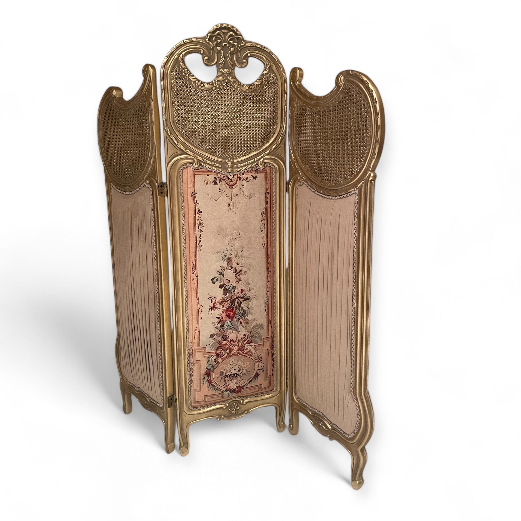 French pleated curtain with printed fabric and antique gold finish