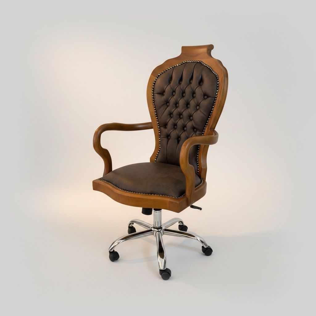 كرسي مكتب دوار كلاسيك خشب طبيعي بتنجيد جلد بني فاخر