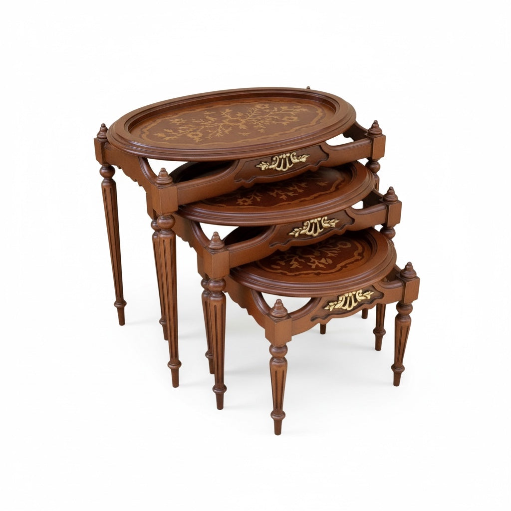 طقم ترابيزات متداخل بني مطعم بالماركتريه – 3 قطع