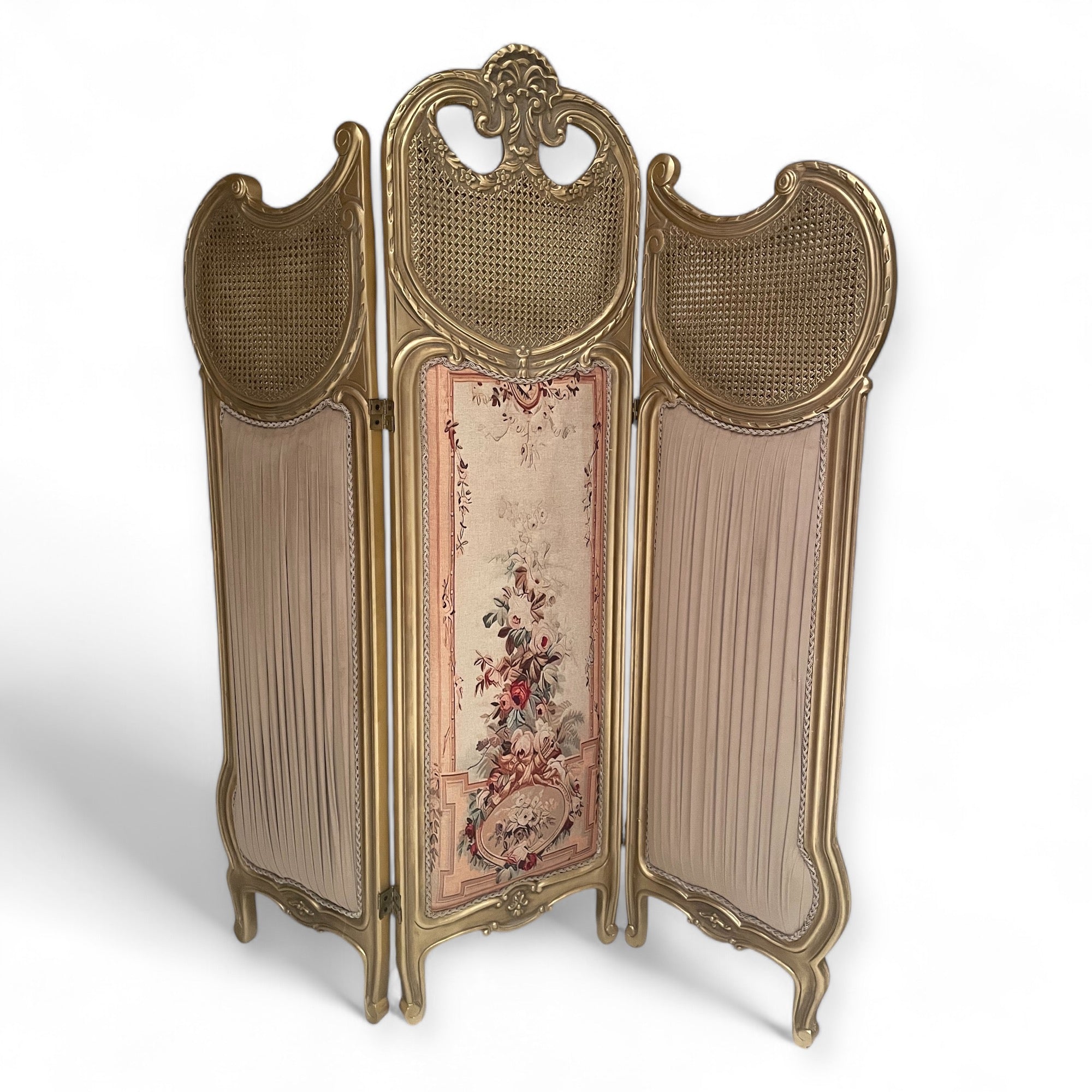 French pleated curtain with printed fabric and antique gold finish