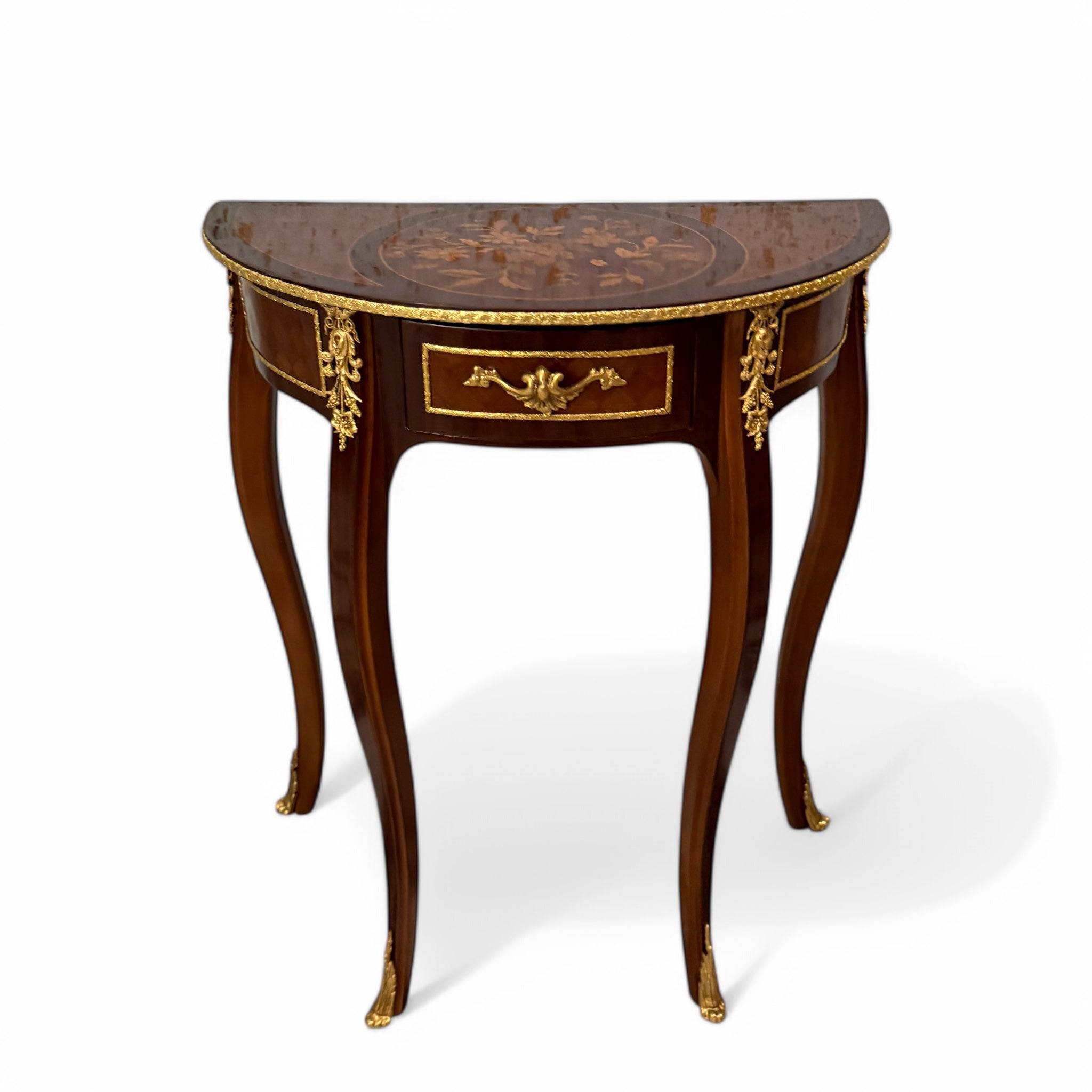 Classic semicircular table with marquetry and golden brass inlay
