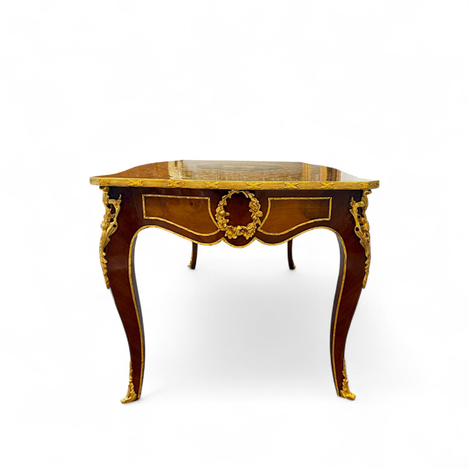 Luxury marquetry center table with copper inlays