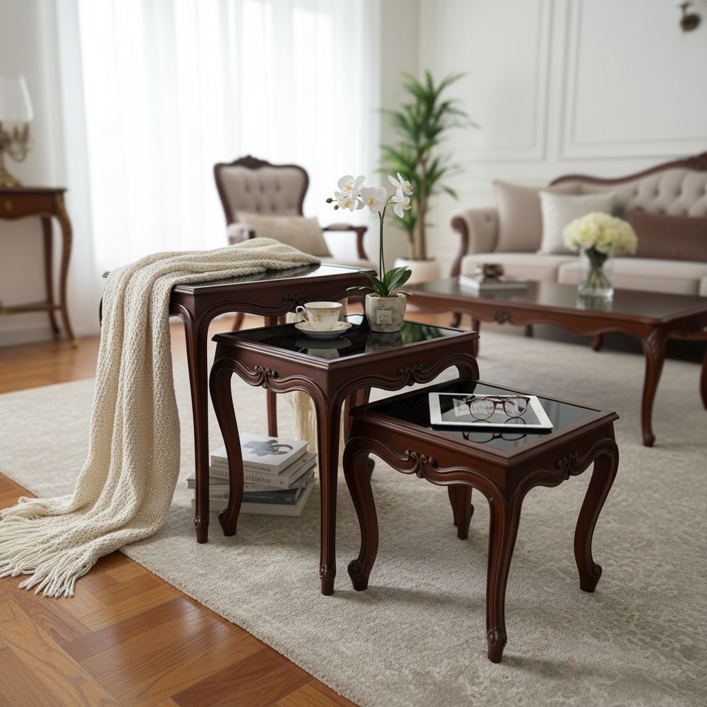 طقم ترابيزات متداخل بني بزجاج فاميه – 3 قطع