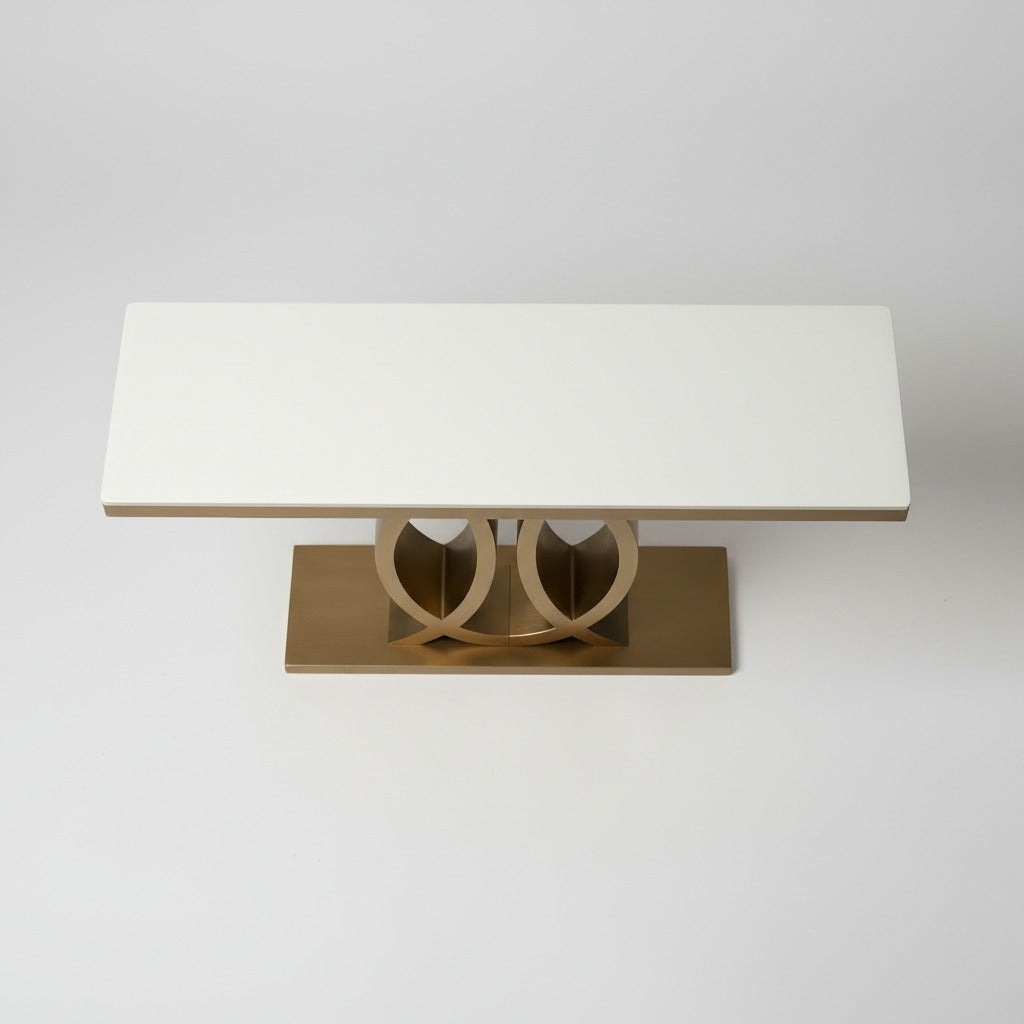 كونسول مدخل مودرن بقاعدة حلقات ذهبية مزدوجة وسطح أبيض