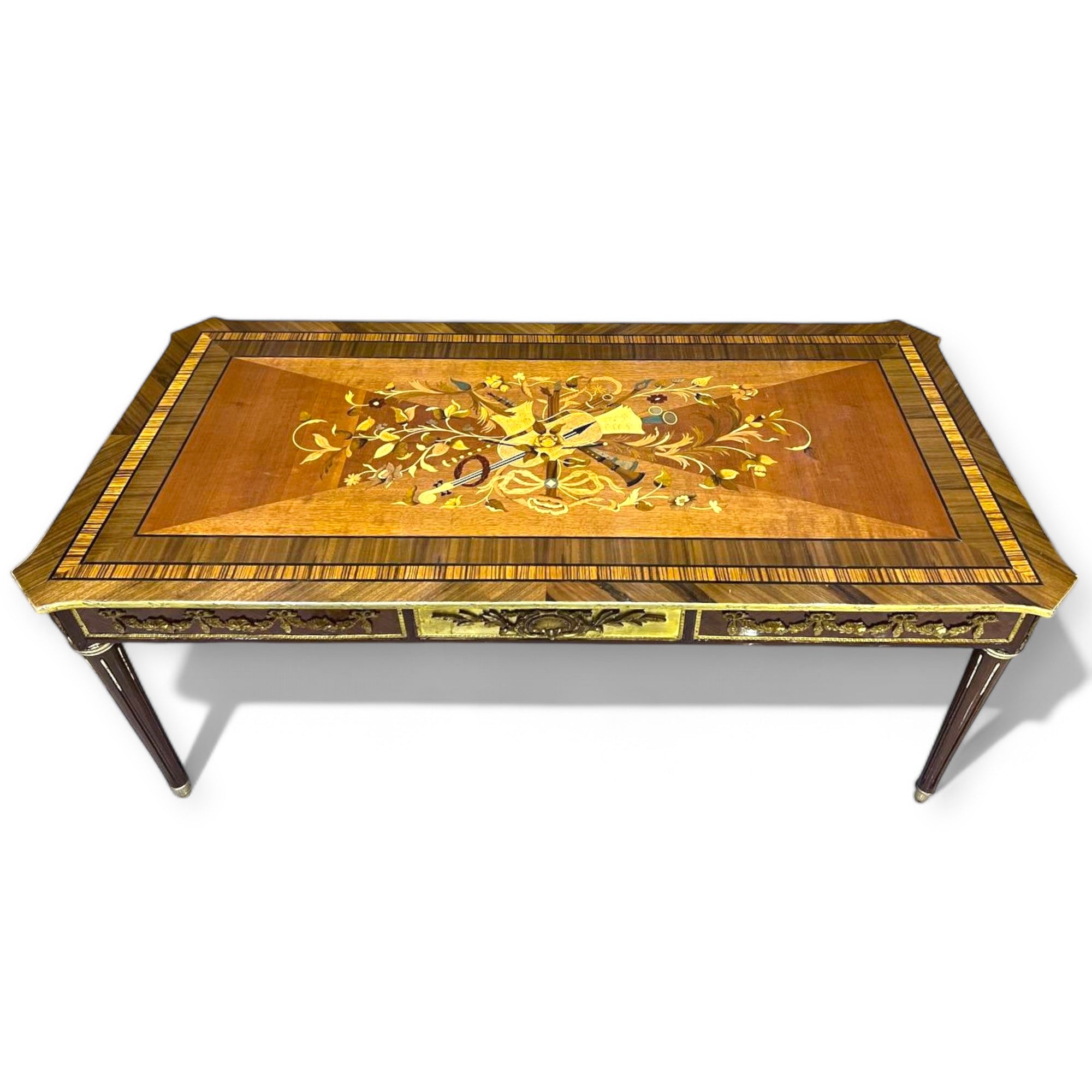 French style table set - marquetry and hand-crafted brass with antique details