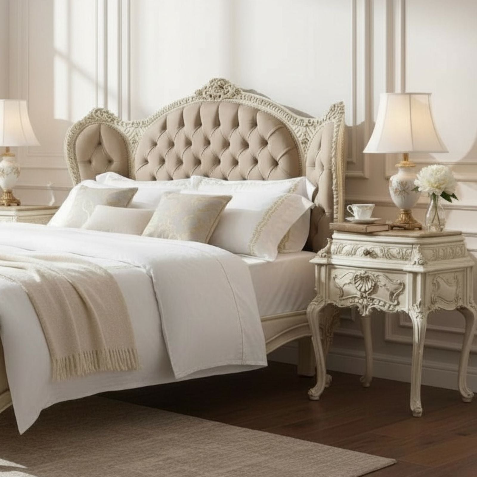 غرفة نوم كلاسيكية ملكية بتفاصيل مزخرفة وتنجيد فاخر