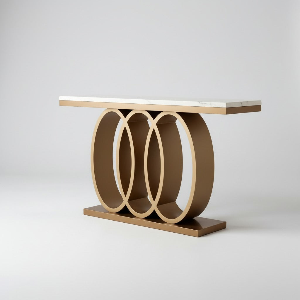 كونسول مدخل مودرن بقاعدة حلقات معدنية ذهبية وسطح فاتح