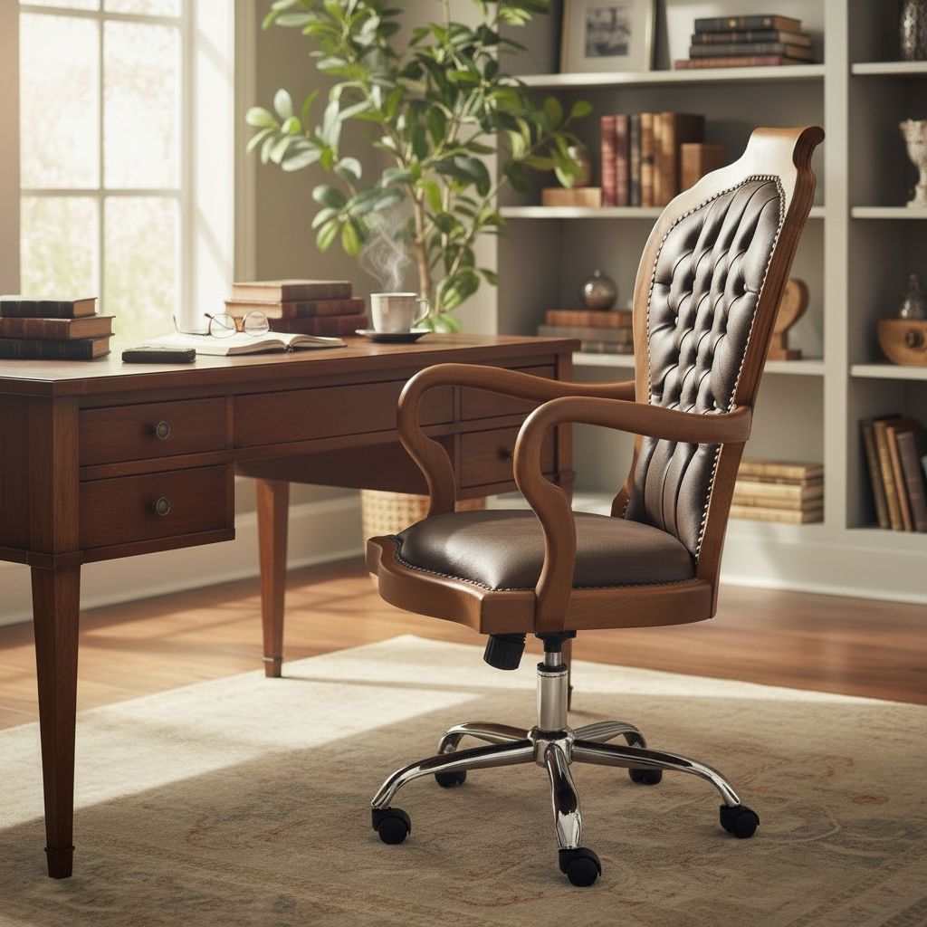 كرسي مكتب دوار كلاسيك خشب طبيعي بتنجيد جلد بني فاخر