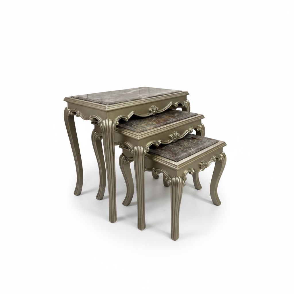 طقم ترابيزات أنتيك من خشب الزان والرخام الطبيعي – تشطيب شامبين فضي فاخر