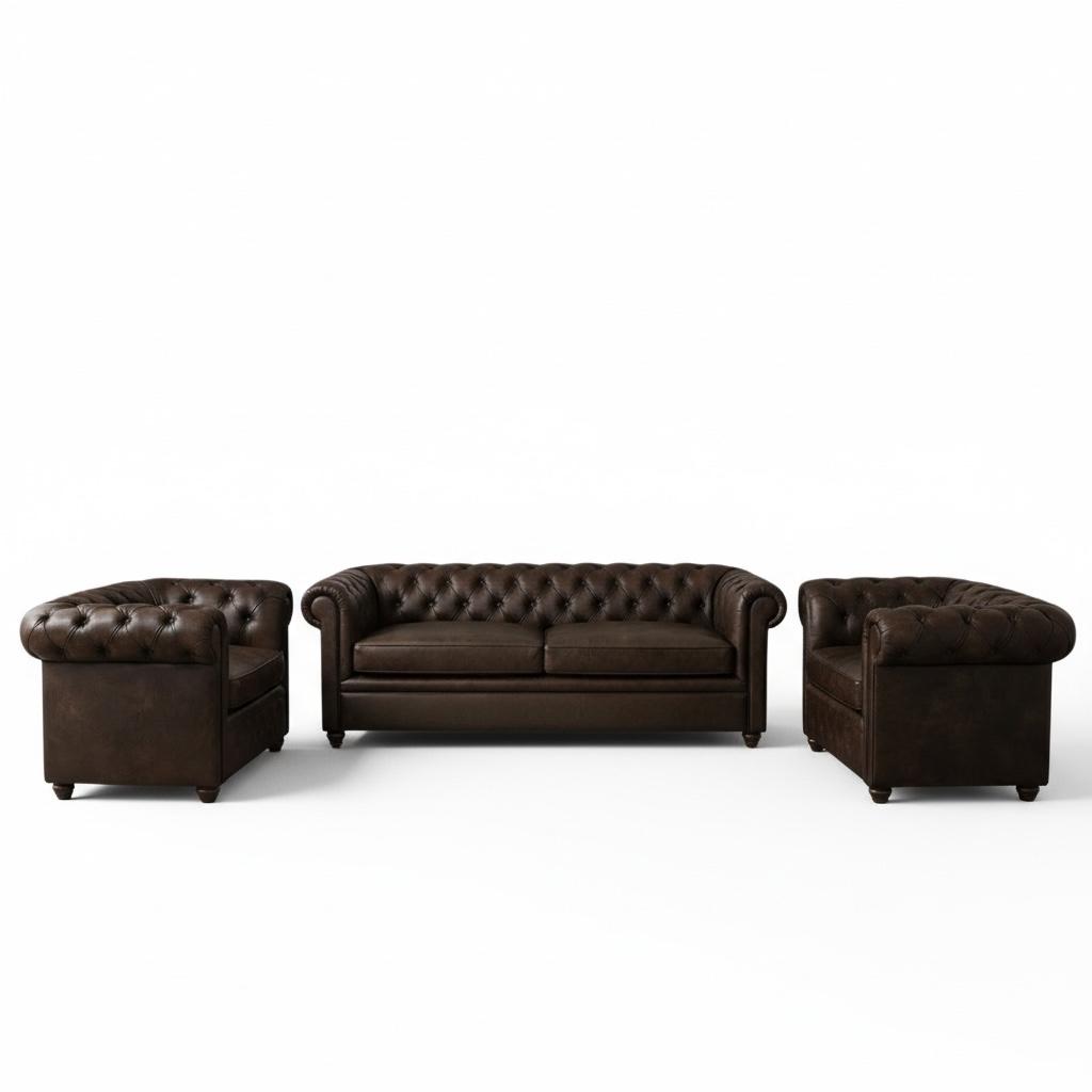 طقم جلوس كلاسيك تشيسترفيلد جلد كنبة وفوتيهات