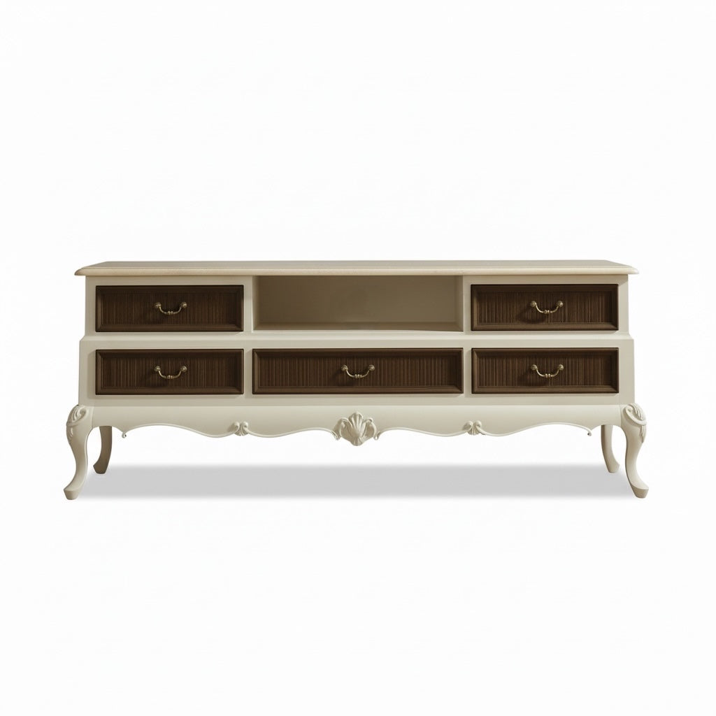 وحدة تلفزيون خشب زان بتصميم كلاسيكي فاخر بتداخل اللون البني مع الاوف وايت