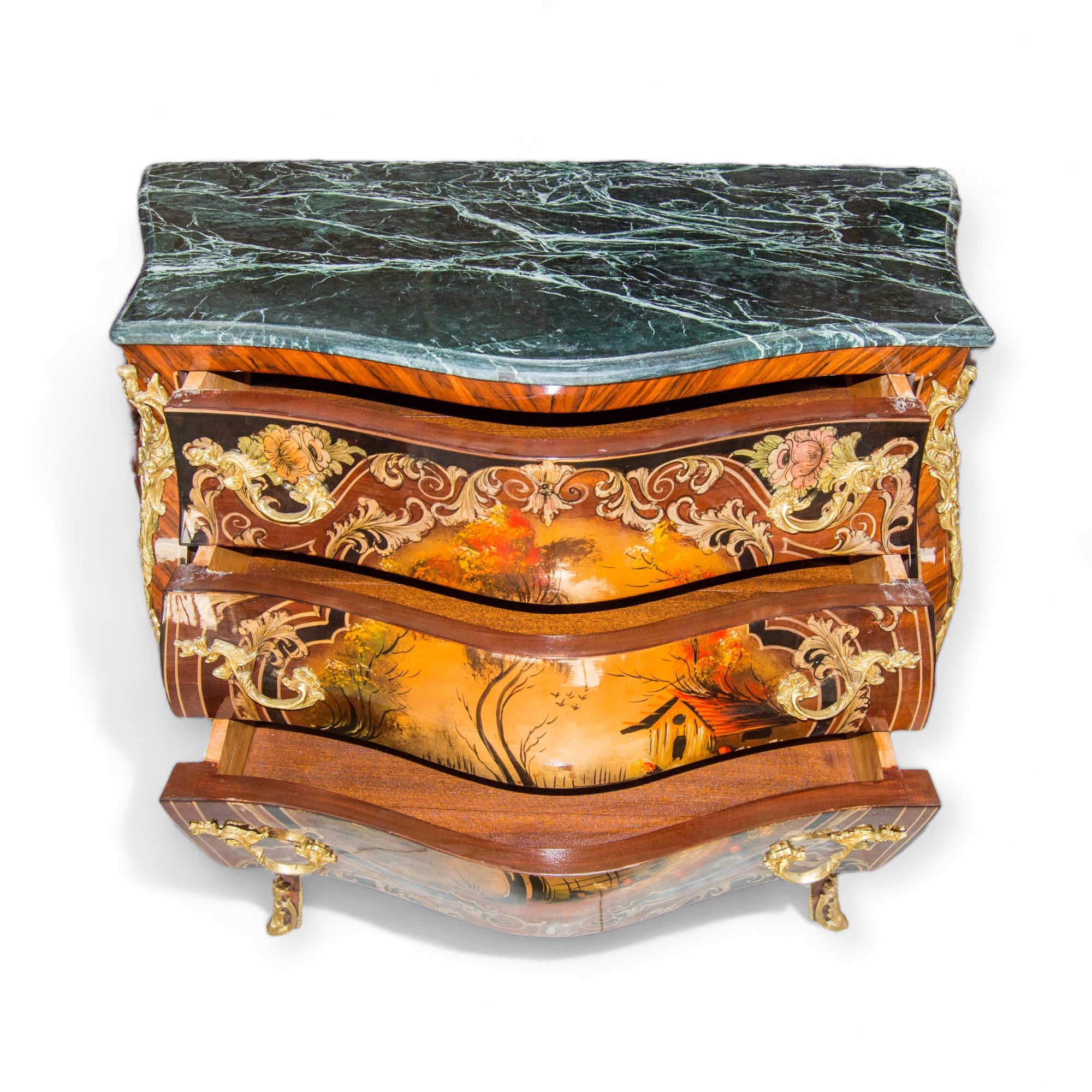 بايوه مطعم بالنحاس والرسم مقاس 90 سنتميتر - بايوه تلاتة درج مصنع من الاخشاب و القشرة الطبيعية مطعمة بالنحاس والرسم اليدوي و القرصة رخام المقاسات: W 90 CM * H 90 CM * B 45 CM