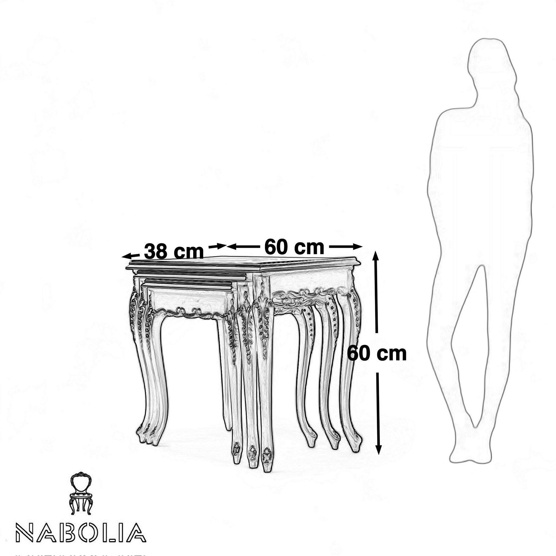 طقم ترابيزات كلاسيك ذهبي برسم يدوي وزجاج - طقم ترابيزات جانبية بثلاث قطع متداخلة، يجمع بين التفاصيل الكلاسيكية الراقية واللمسة الفنية الهادئة. يتميز بتشطيبات دهان دهبي مترب ولمسات من الرسم اليدوي على القرص الزجاجي، ليكون إضافة فنية وراقية لأي ركن في البيت الخاماتخشب زان طبيعيدهان دهبي متربزجاج بلمسة رسم يدوي المقاساتالعرض 60 سم × العمق 38 سم × الارتفاع 60 سمالعرض 50 سم × العمق 34 سم × الارتفاع 50 سمالعرض 30 سم × العمق 26 سم × الارتفاع 30 سم