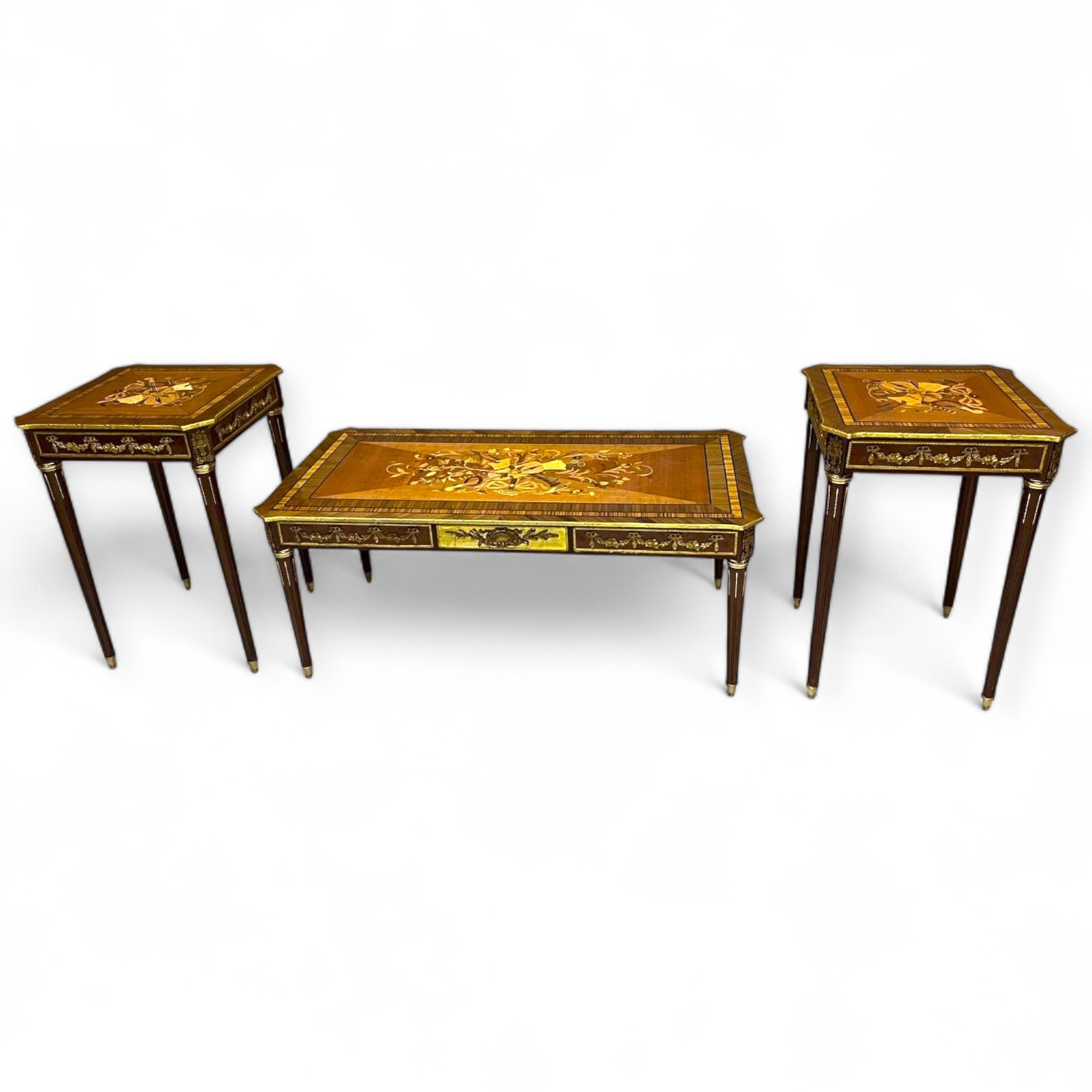 French style table set - marquetry and hand-crafted brass with antique details