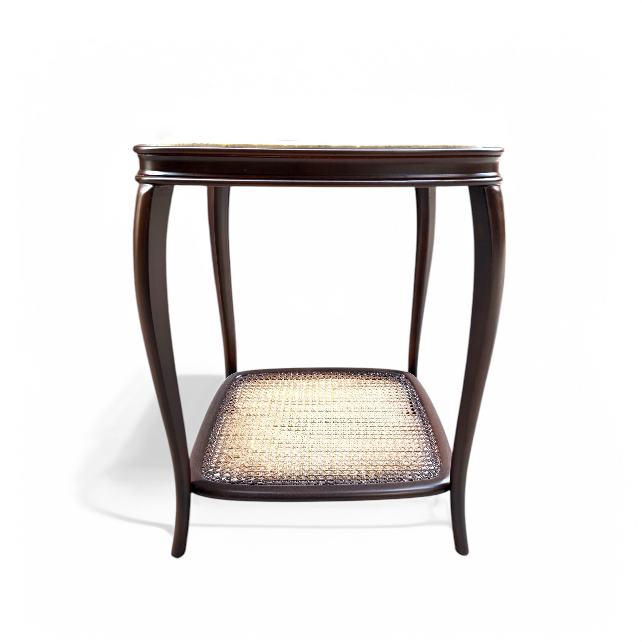 Brown side table inlaid with cane