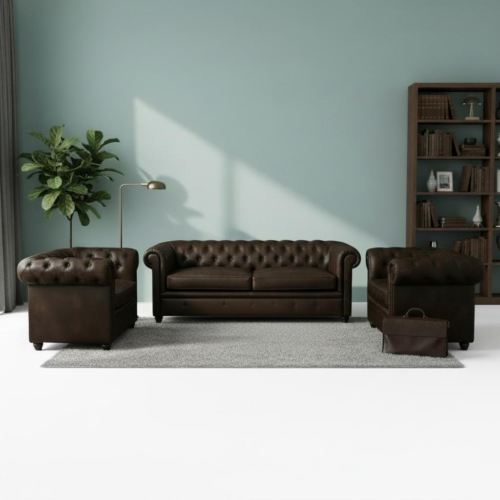 طقم جلوس كلاسيك تشيسترفيلد جلد كنبة وفوتيهات