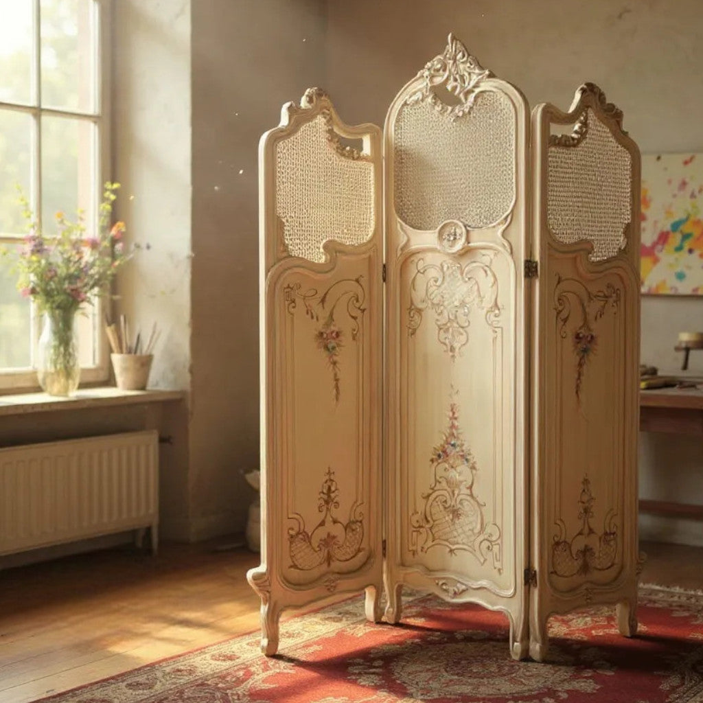 French off-white paravan with hand-painted and antique finish
