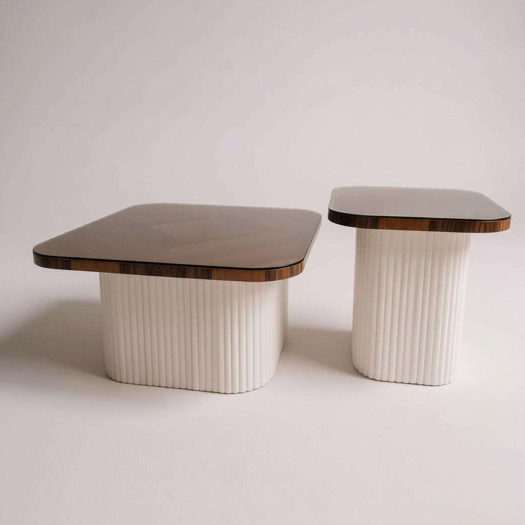 طقم ترابيزات مودرن بسطح زجاج أسود وقاعدة فلوت