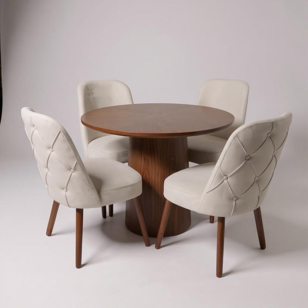 Modern round dining set with 4 chairs, wood and light upholstery